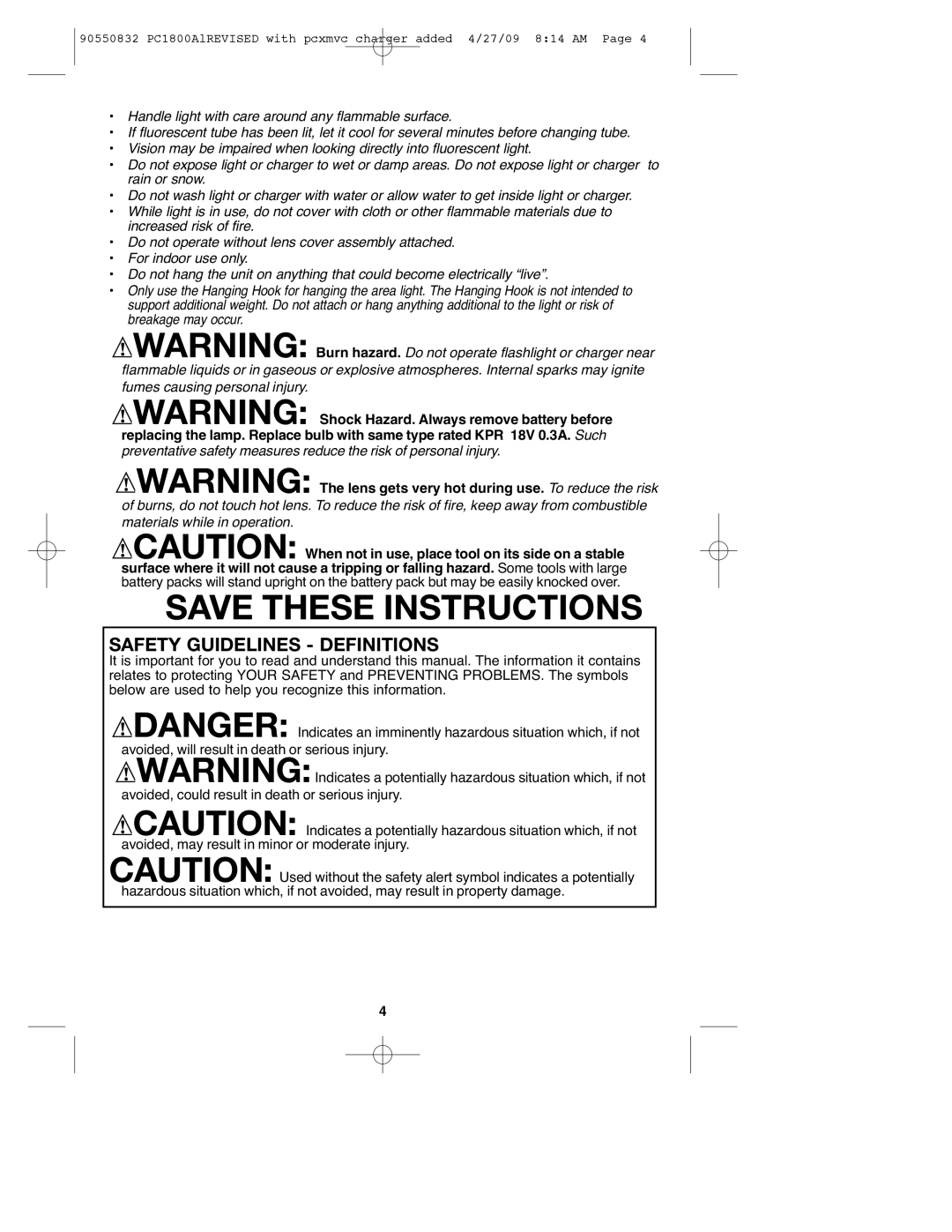 Porter-Cable 90550832, PC1800AL instruction manual Safety Guidelines Definitions 