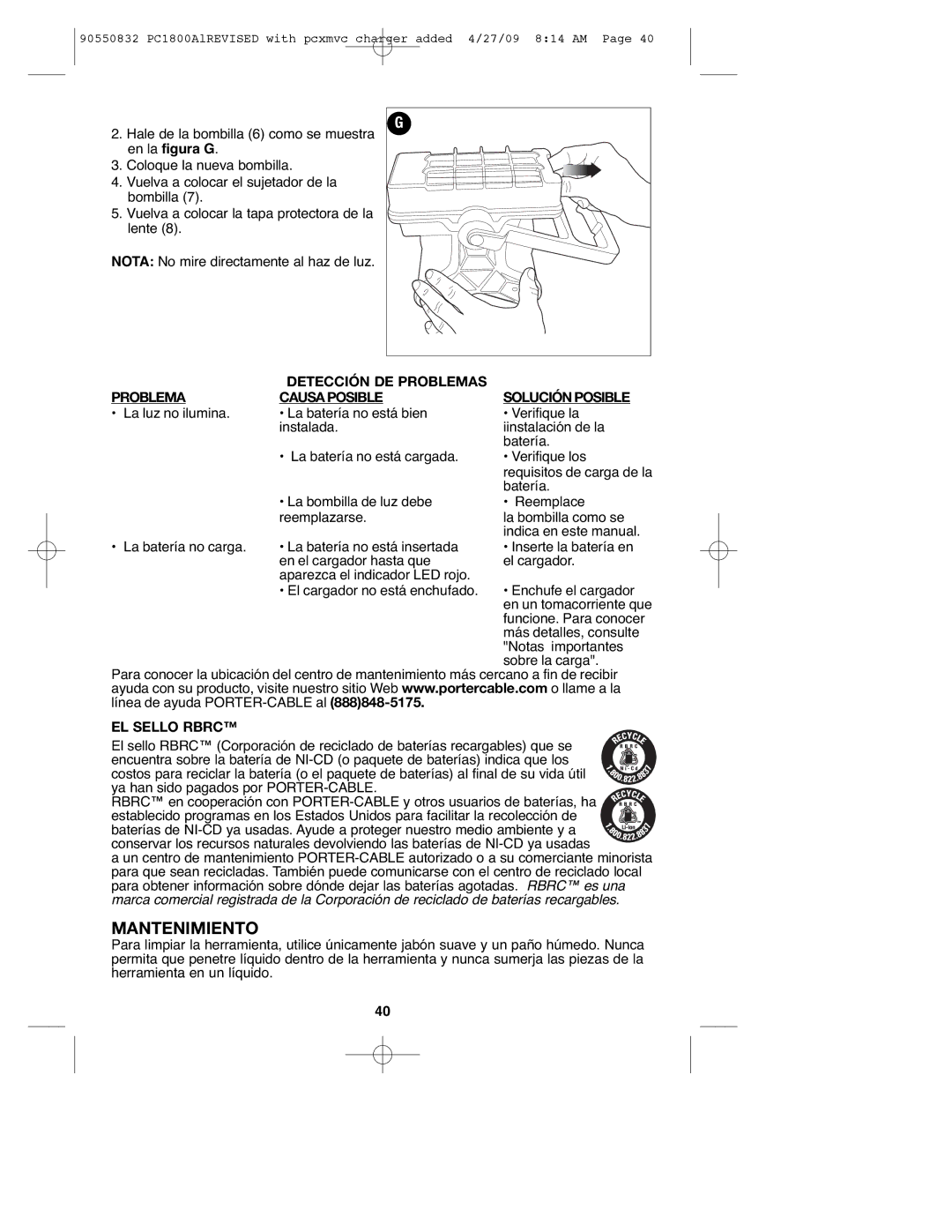 Porter-Cable 90550832, PC1800AL instruction manual Mantenimiento, Detección DE Problemas Causa Posible, EL Sello Rbrc 