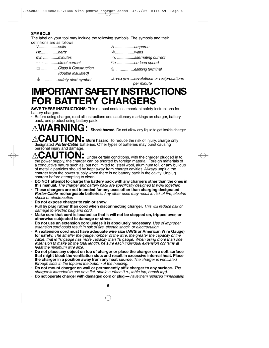 Porter-Cable 90550832, PC1800AL instruction manual Important Safety Instructions for Battery Chargers 