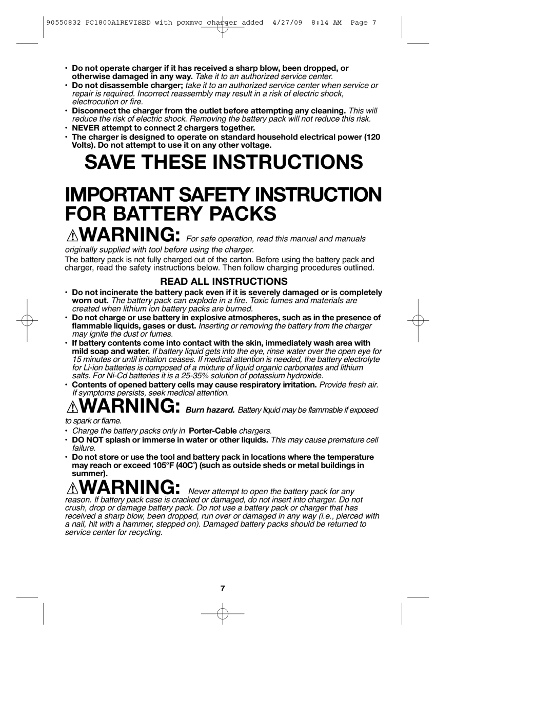 Porter-Cable PC1800AL, 90550832 instruction manual Important Safety Instruction for Battery Packs, Read ALL Instructions 