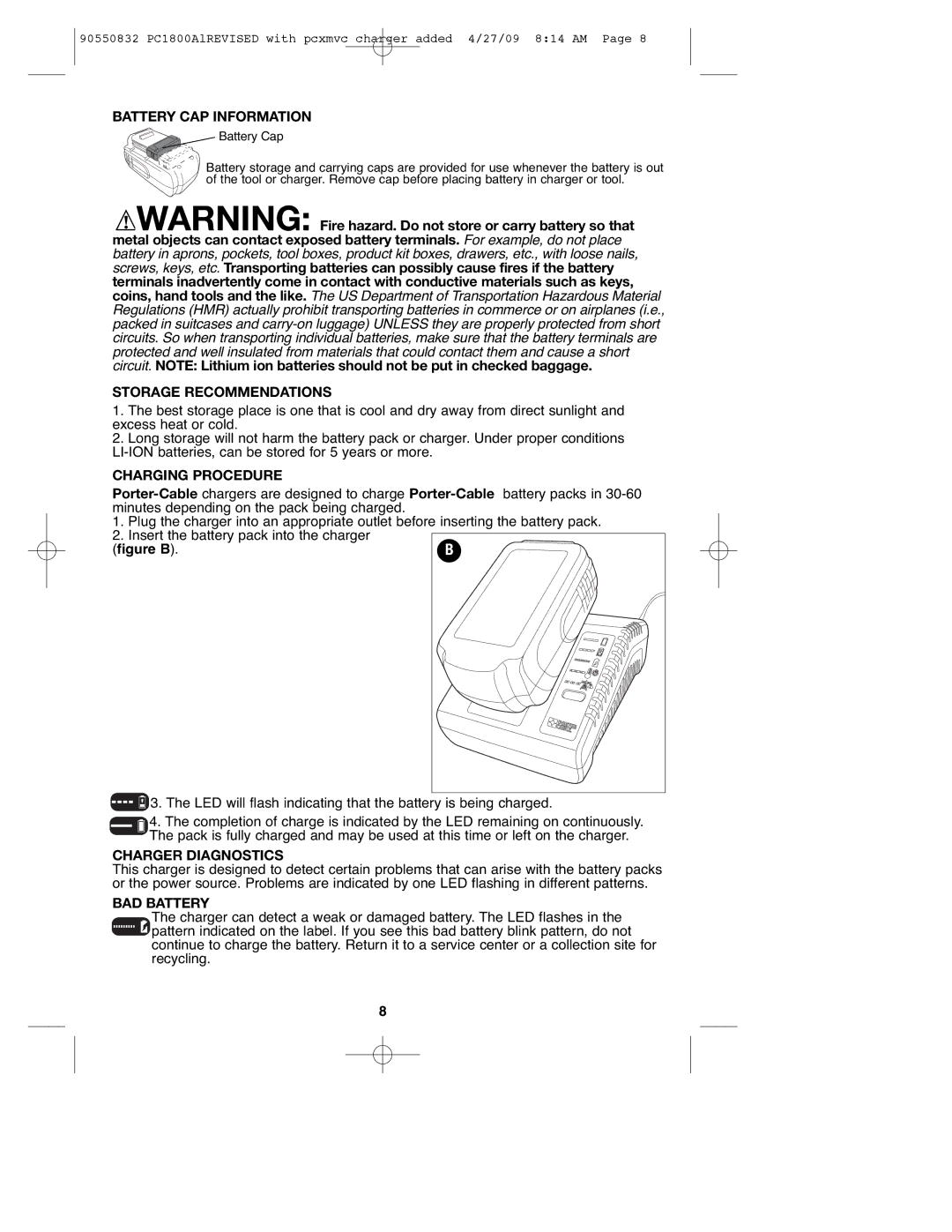 Porter-Cable 90550832, PC1800AL Battery CAP Information, Storage Recommendations, Charging Procedure, Charger Diagnostics 