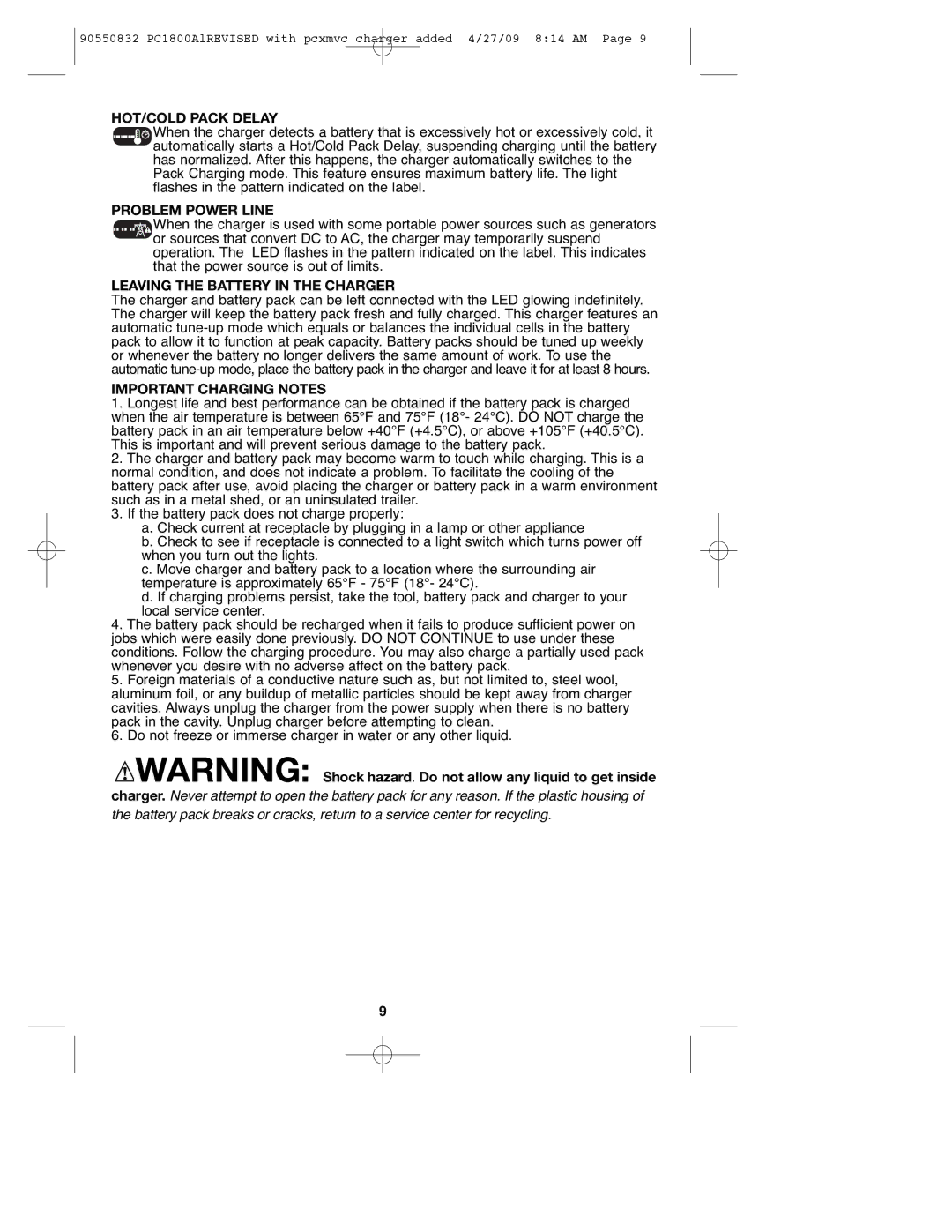 Porter-Cable PC1800AL, 90550832 HOT/COLD Pack Delay, Problem Power Line, Leaving the Battery in the Charger 