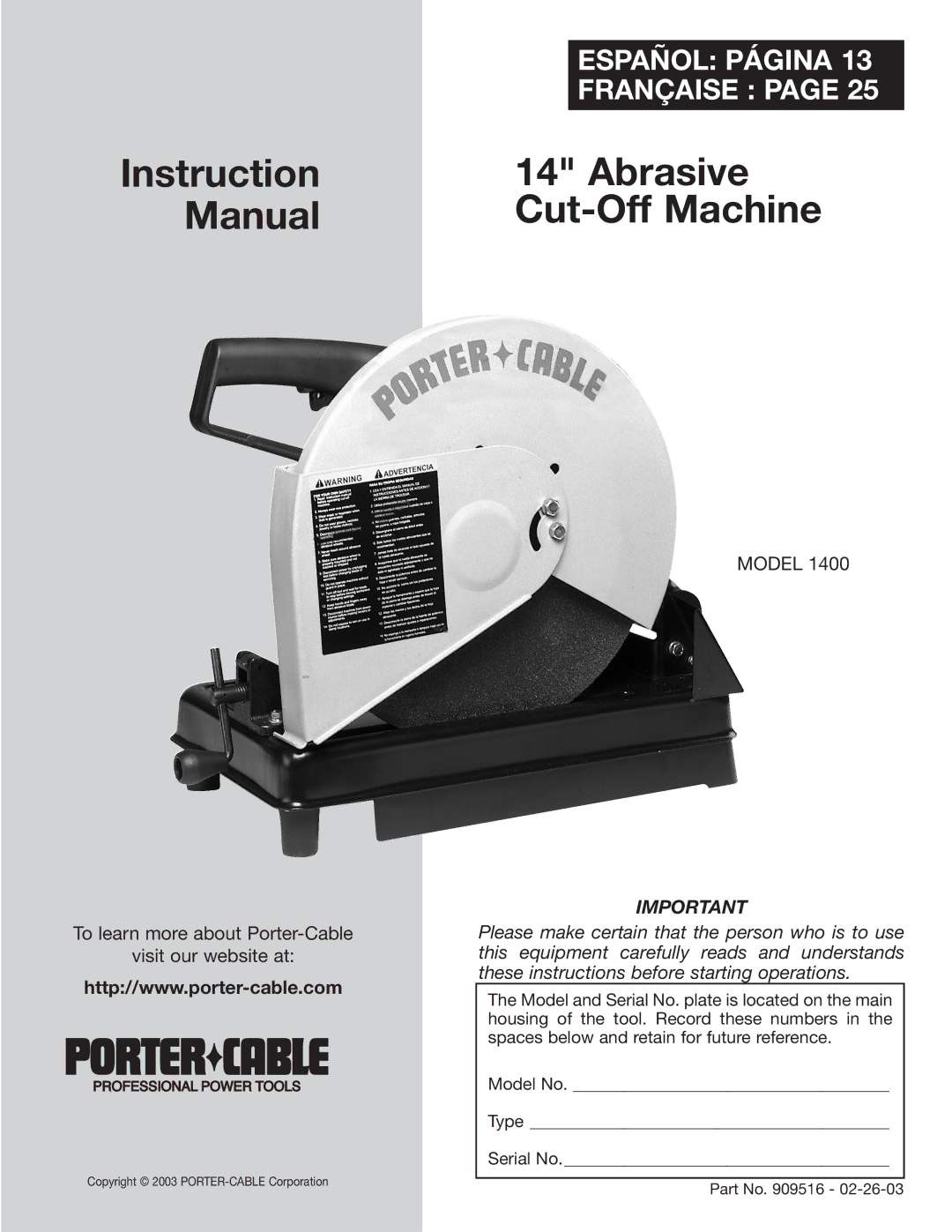 Porter-Cable 1400, 909516 instruction manual Español Página, Française 