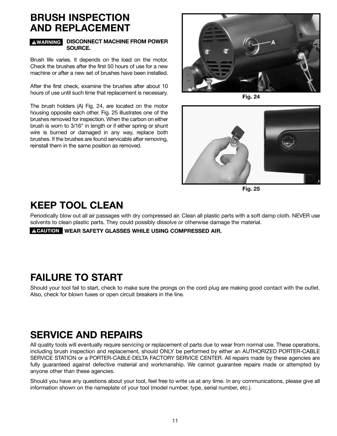 Porter-Cable 1400, 909516 Brush Inspection Replacement, Keep Tool Clean, Failure to Start, Service and Repairs 