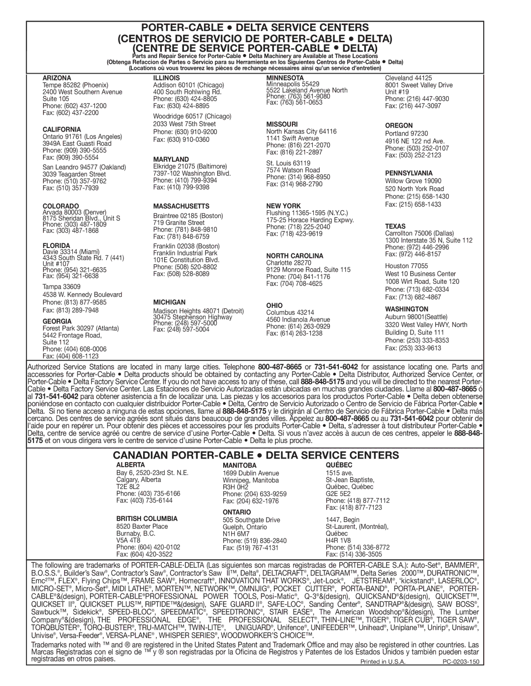 Porter-Cable 1400, 909516 instruction manual Canadian PORTER-CABLE Delta Service Centers 