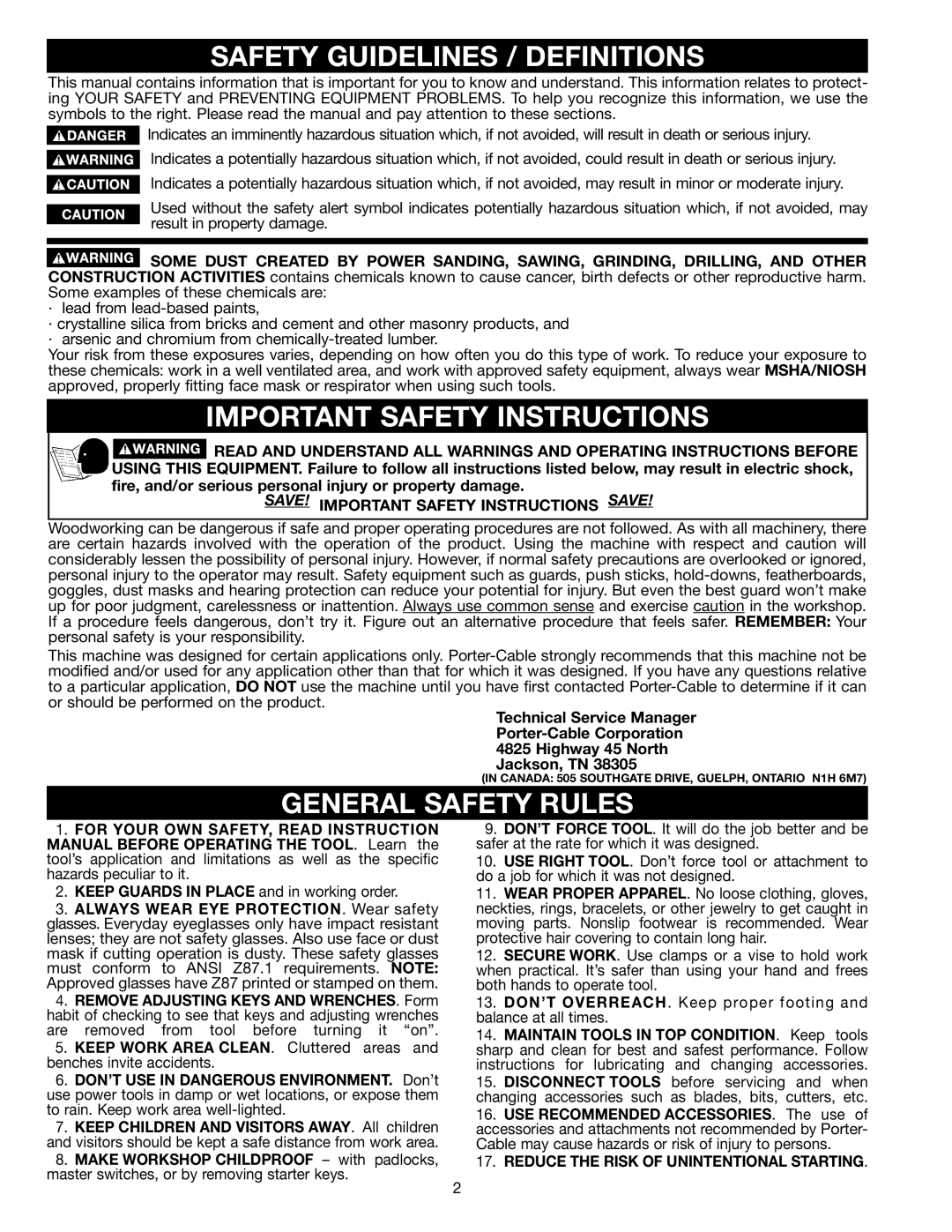 Porter-Cable 909516, 1400 Safety Guidelines / Definitions, Important Safety Instructions, General Safety Rules 