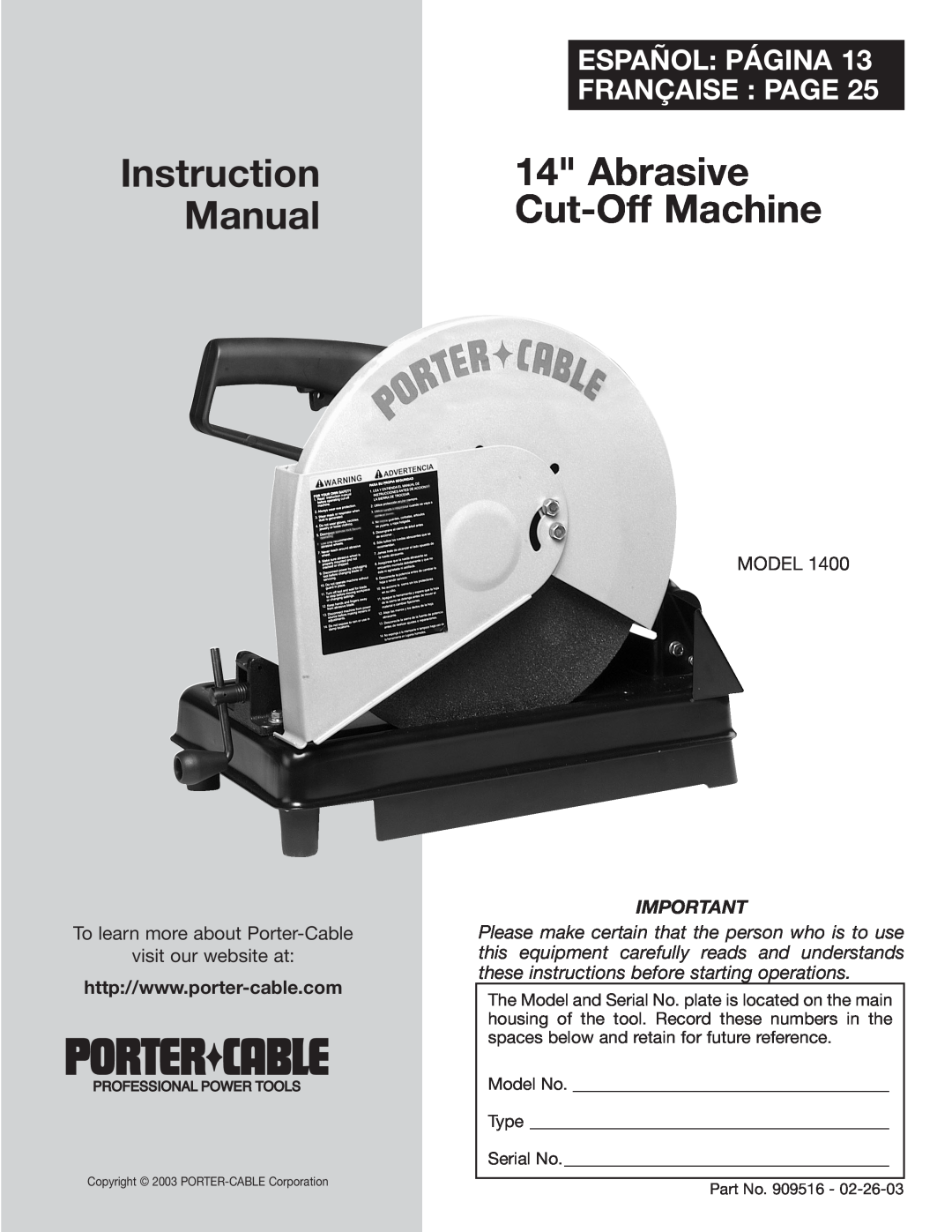 Porter-Cable 1400 instruction manual Español Página, Française Page, Instruction, Abrasive, Manual, Cut-Off Machine, Model 
