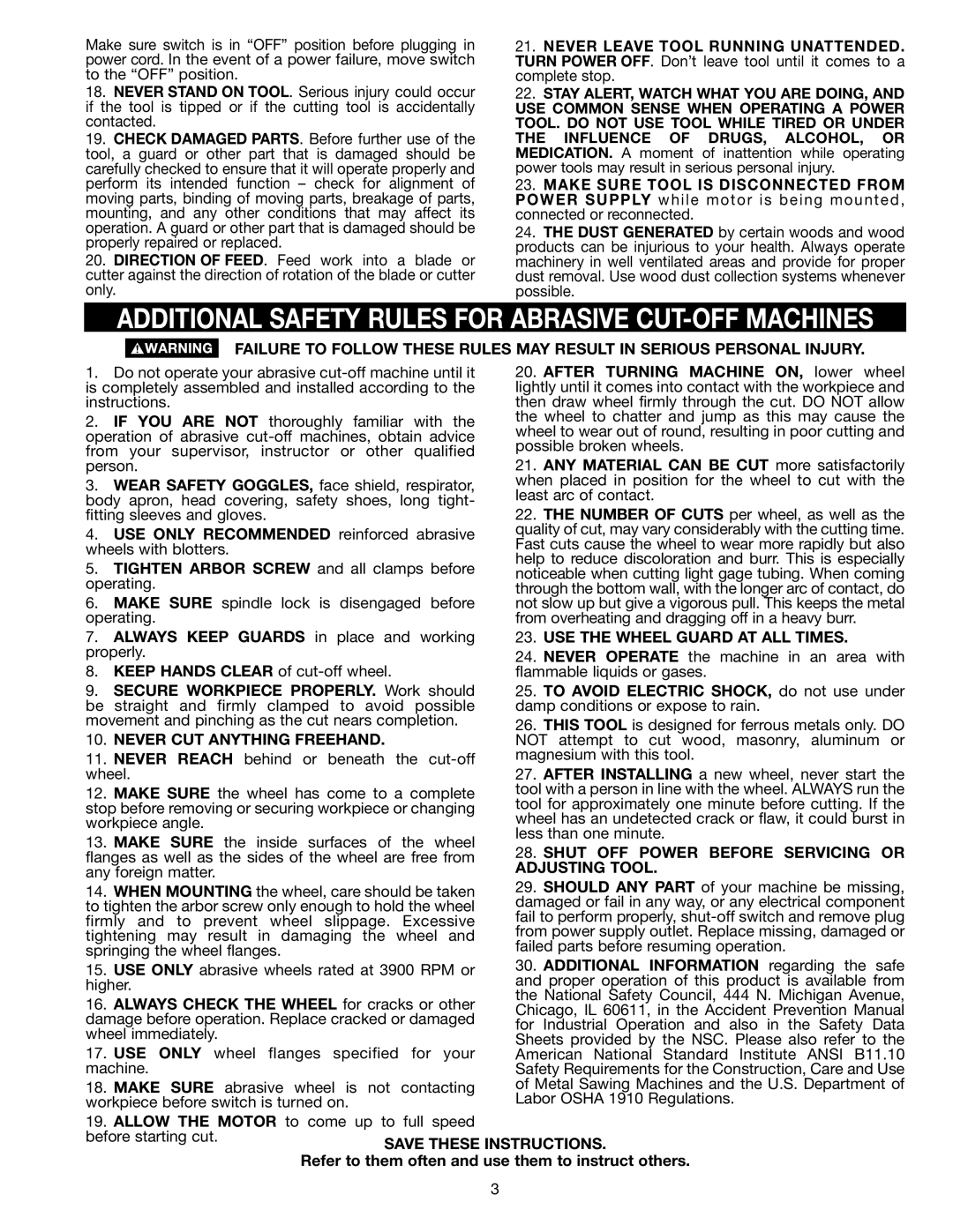 Porter-Cable 1400, 909516 instruction manual Additional Safety Rules For Abrasive Cut-Off Machines 