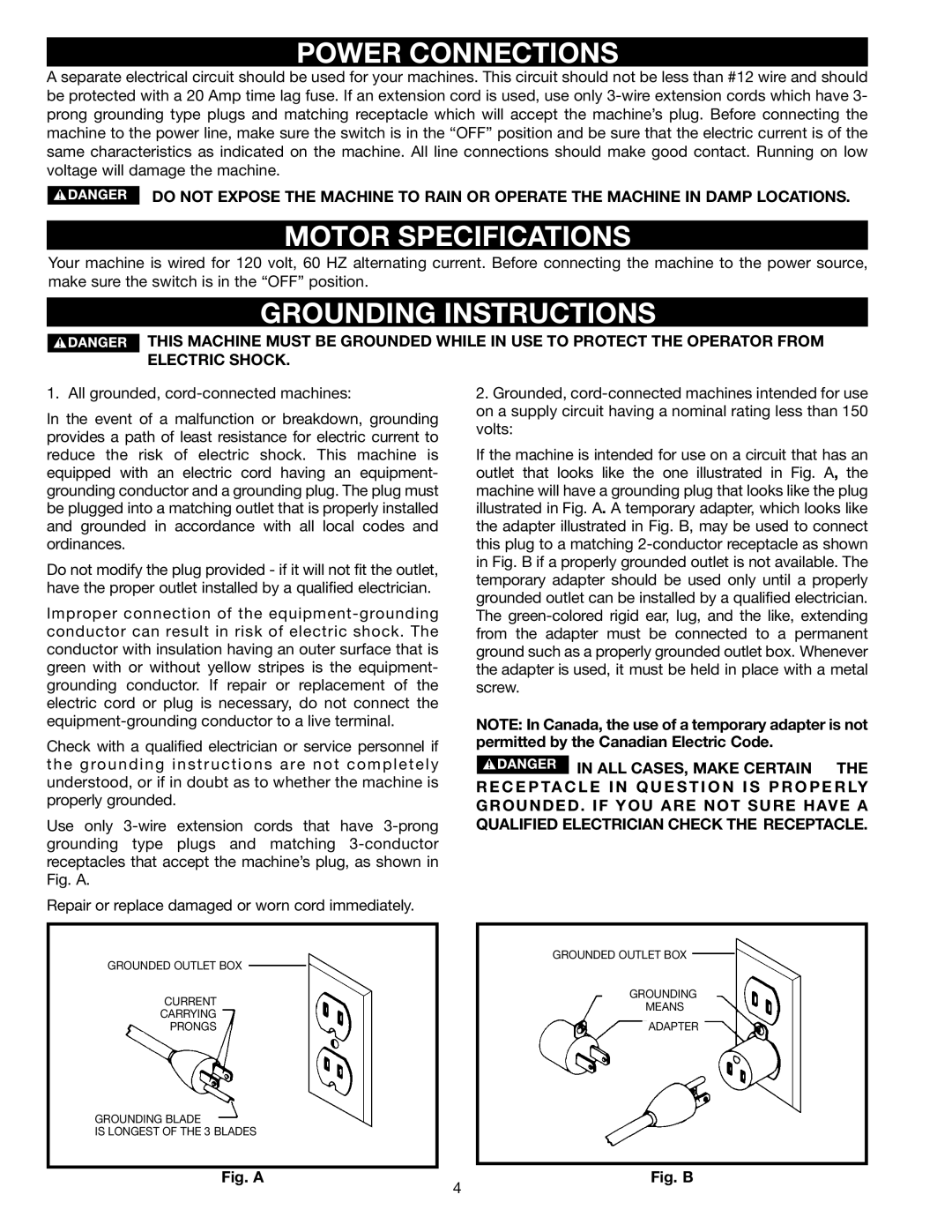 Porter-Cable 909516, 1400 instruction manual Power Connections, Motor Specifications, Grounding Instructions 