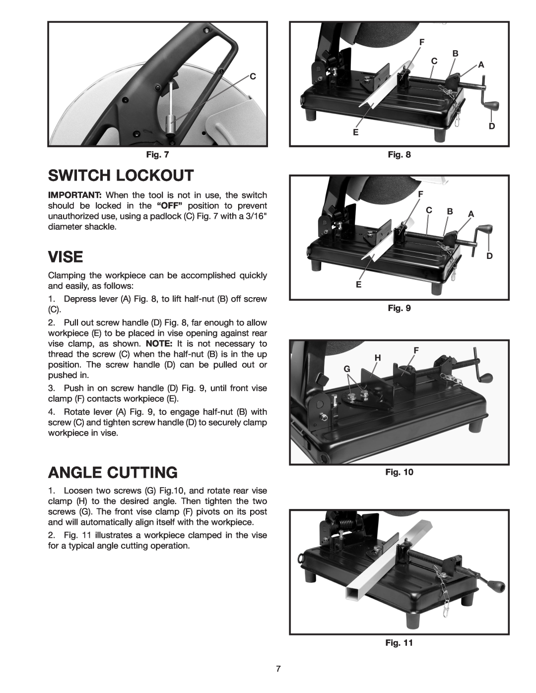 Porter-Cable 1400, 909516 instruction manual Switch Lockout, Vise, Angle Cutting, F B C A, F C B A D E, F H G 
