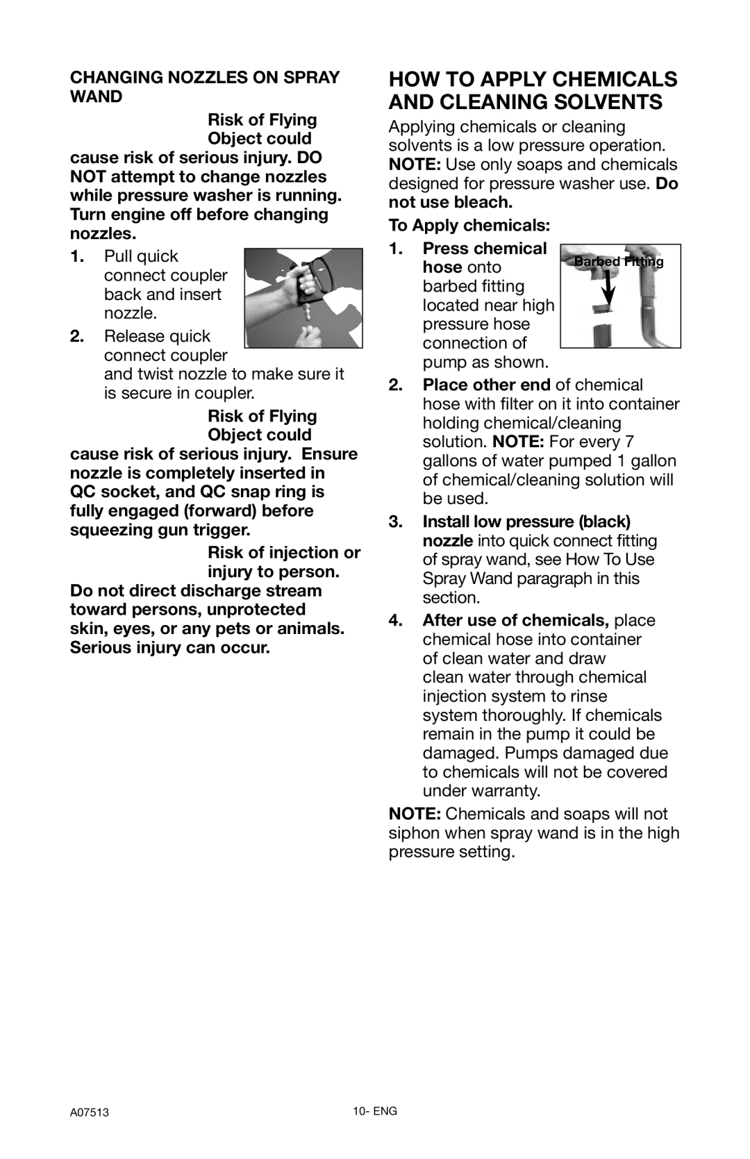 Porter-Cable A07513-0412-0 instruction manual HOW to Apply Chemicals and Cleaning Solvents, Changing Nozzles on Spray Wand 