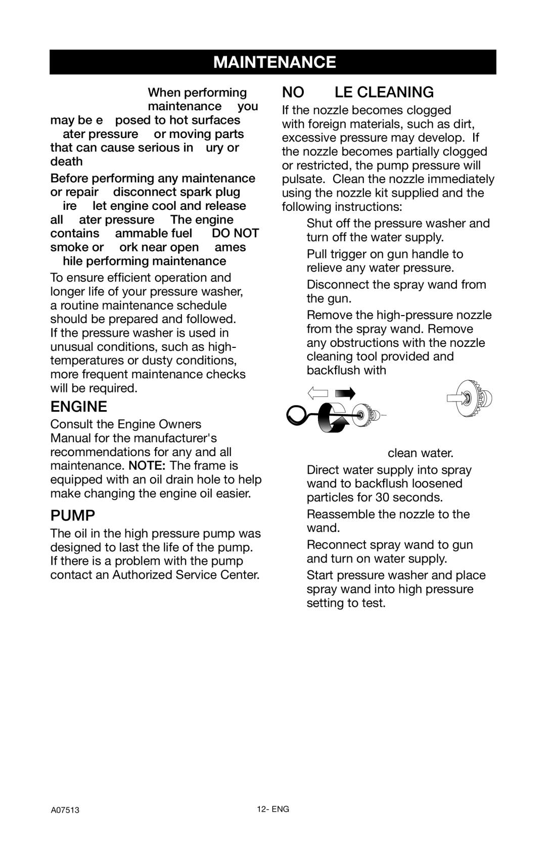 Porter-Cable A07513-0412-0 instruction manual Maintenance, Engine Pump, Nozzle Cleaning 