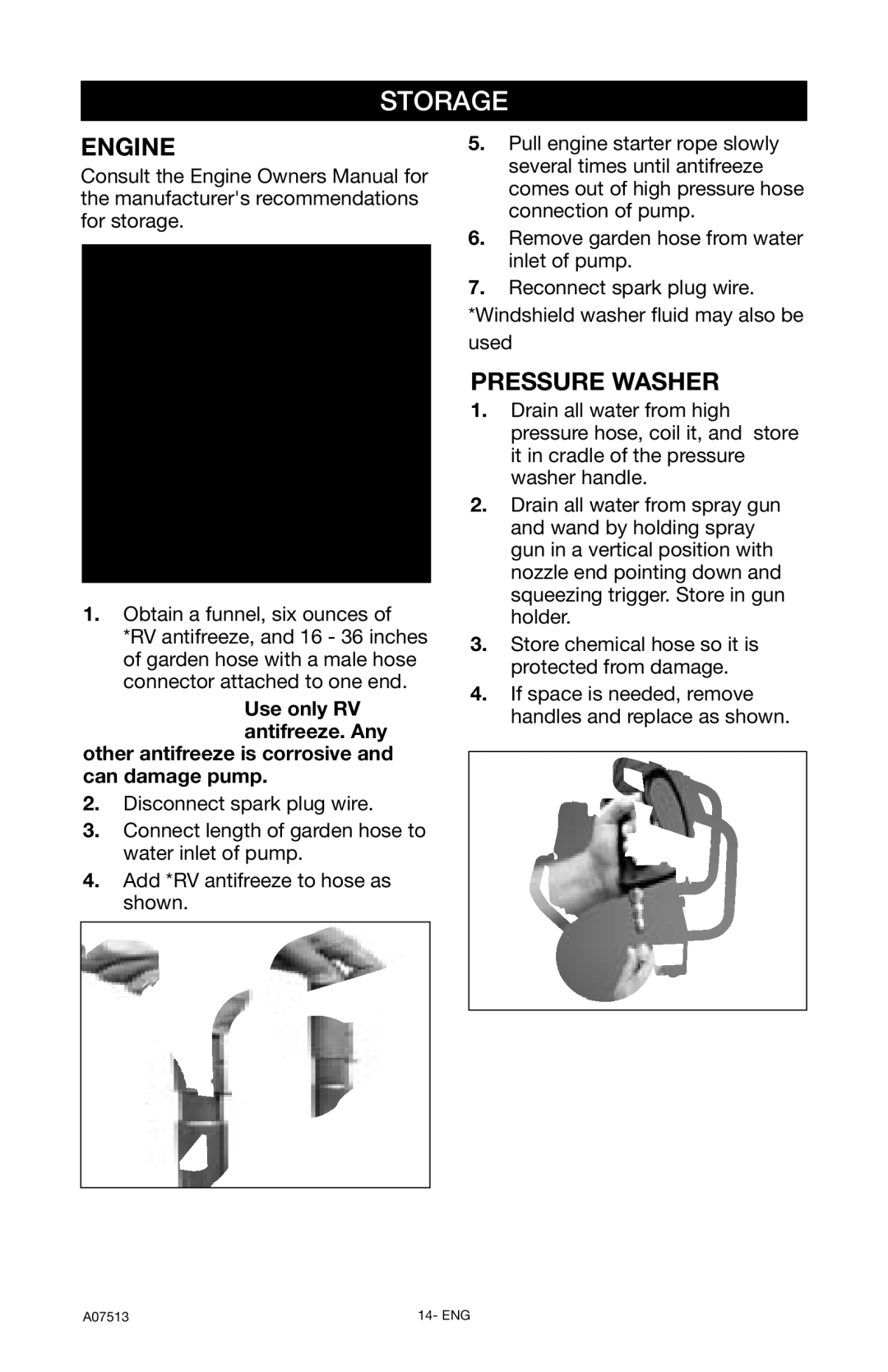 Porter-Cable A07513-0412-0 instruction manual Storage, Pressure Washer 