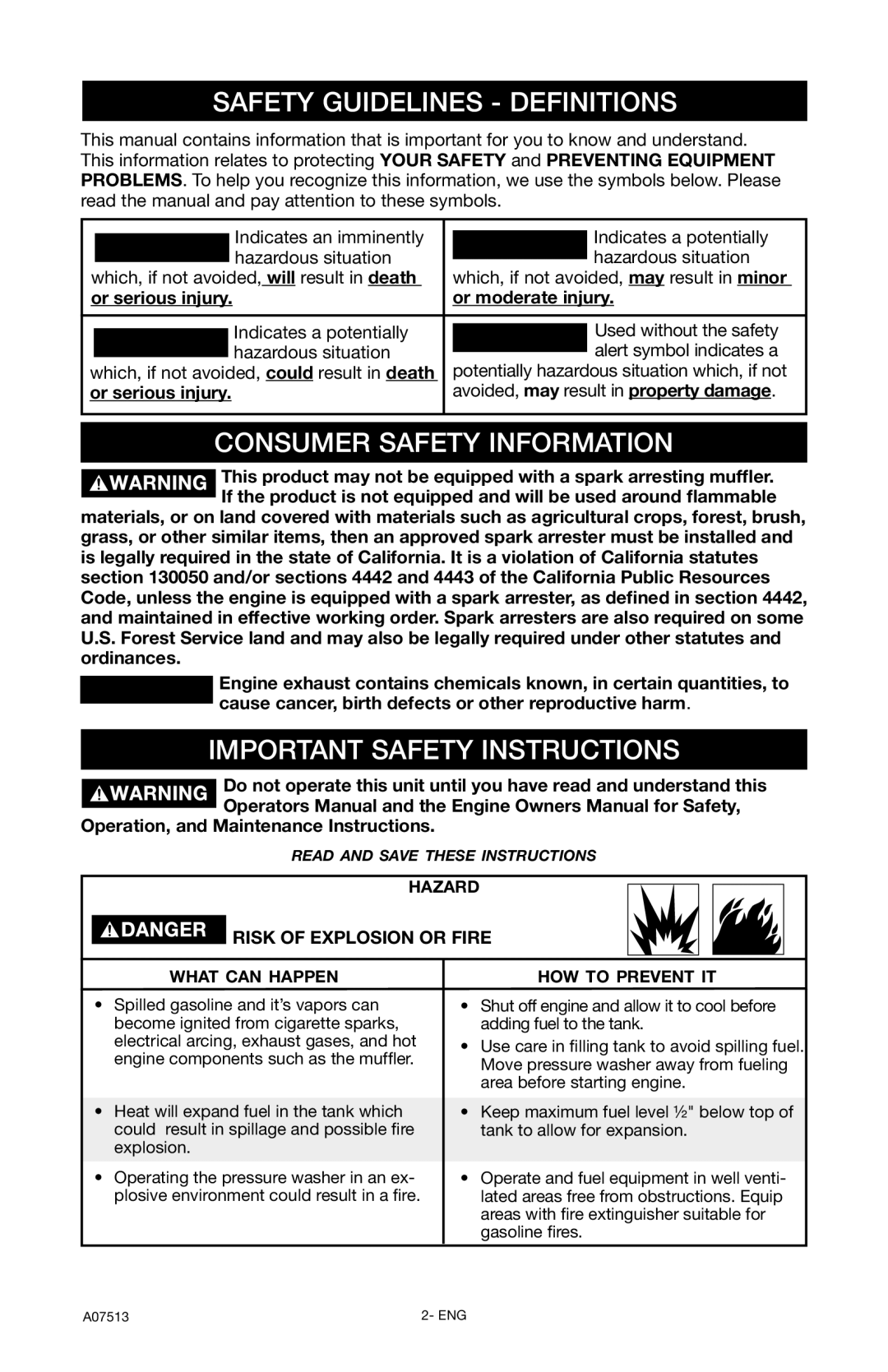 Porter-Cable A07513-0412-0 Safety Guidelines Definitions, Consumer Safety Information, Important Safety Instructions 