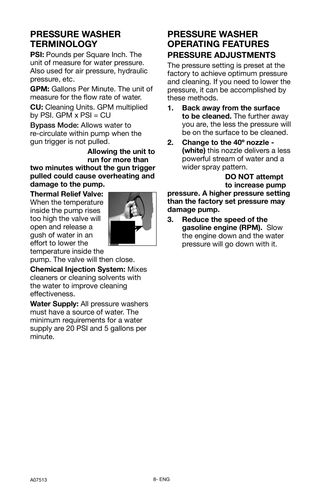 Porter-Cable A07513-0412-0 instruction manual Pressure Washer Terminology, Pressure Adjustments 