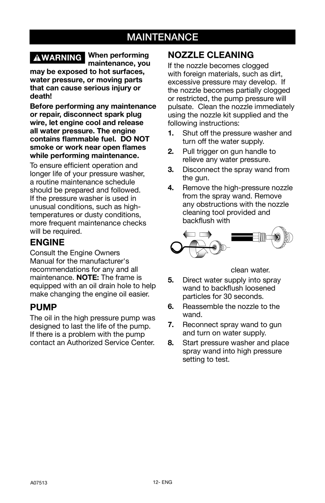 Porter-Cable A07513-0412-0 instruction manual Maintenance, Engine, Pump, Nozzle Cleaning 