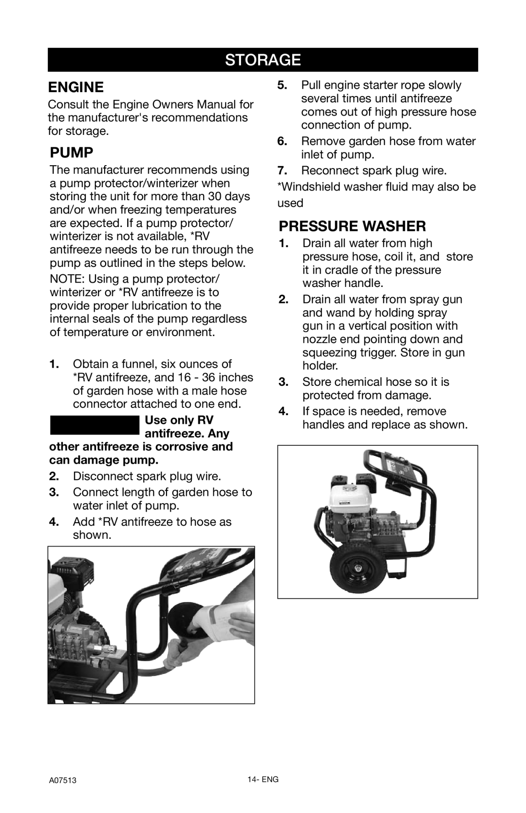 Porter-Cable A07513-0412-0 instruction manual Storage, Pressure Washer, Engine, Pump 