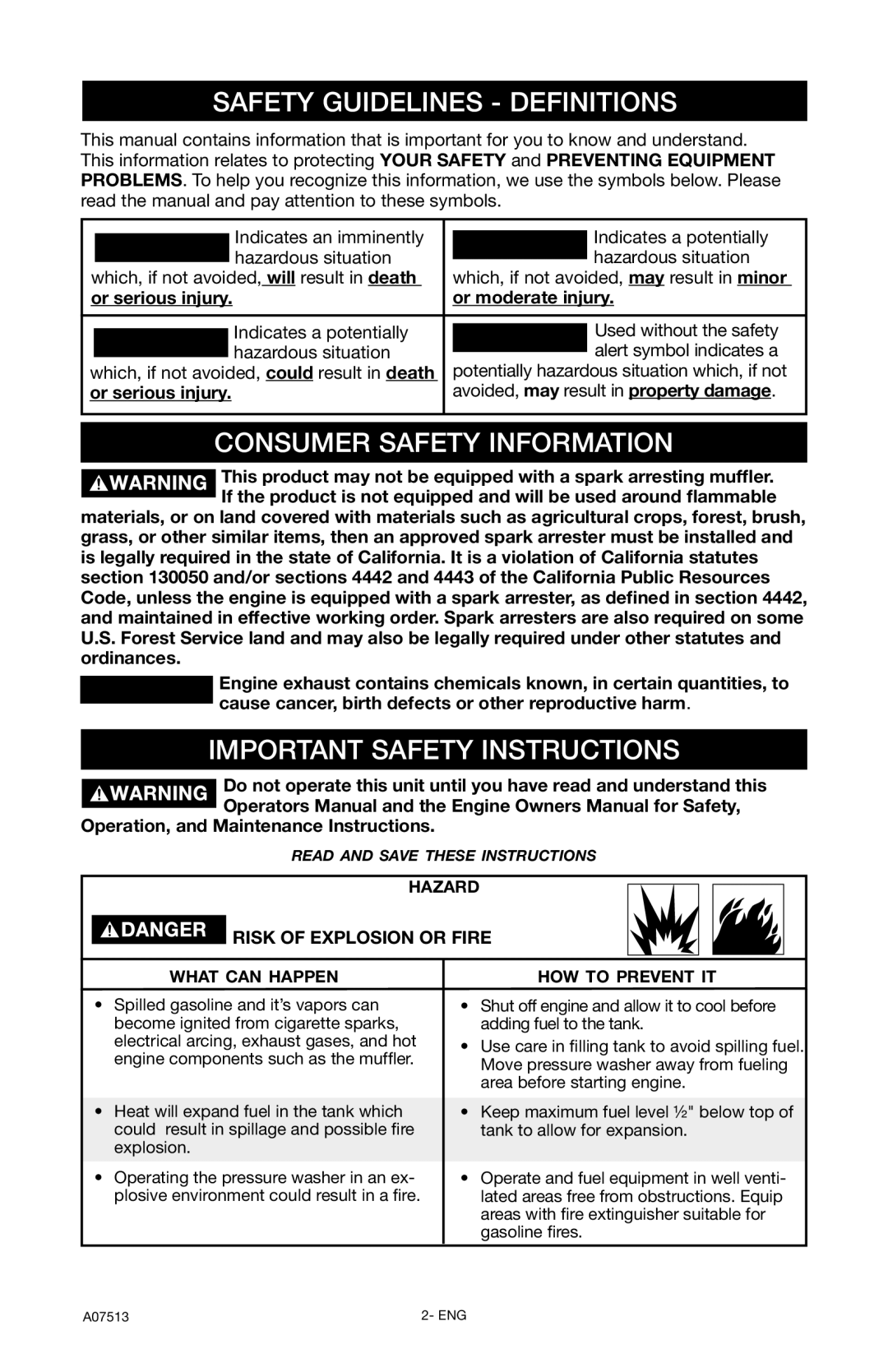 Porter-Cable A07513-0412-0 Safety Guidelines - Definitions, Consumer Safety Information, Important Safety Instructions 