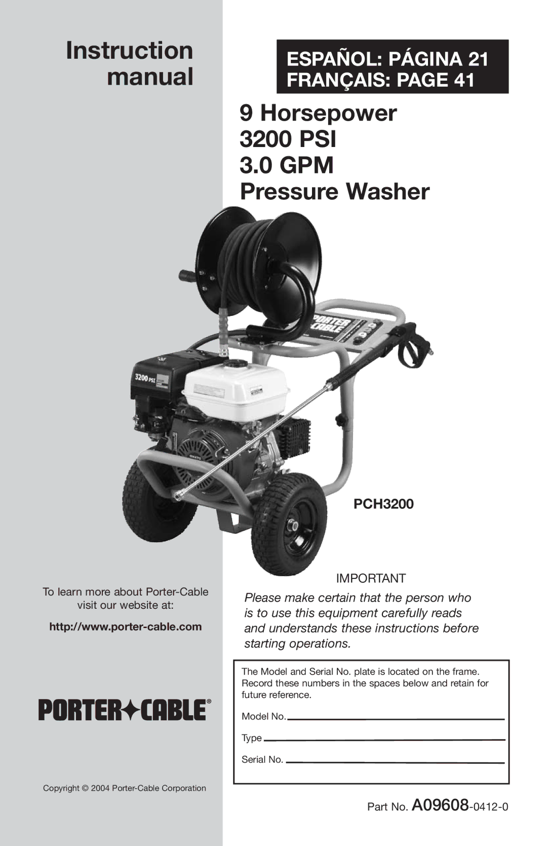 Porter-Cable PCH3200, A09608-0412-0 instruction manual Horsepower 3200 PSI 