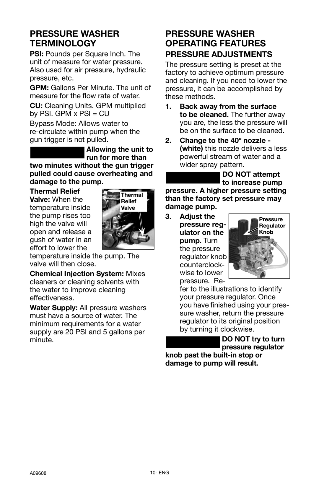 Porter-Cable A09608-0412-0, PCH3200 Pressure Washer Terminology, Pressure Adjustments, Pressure reg, Ulator on 