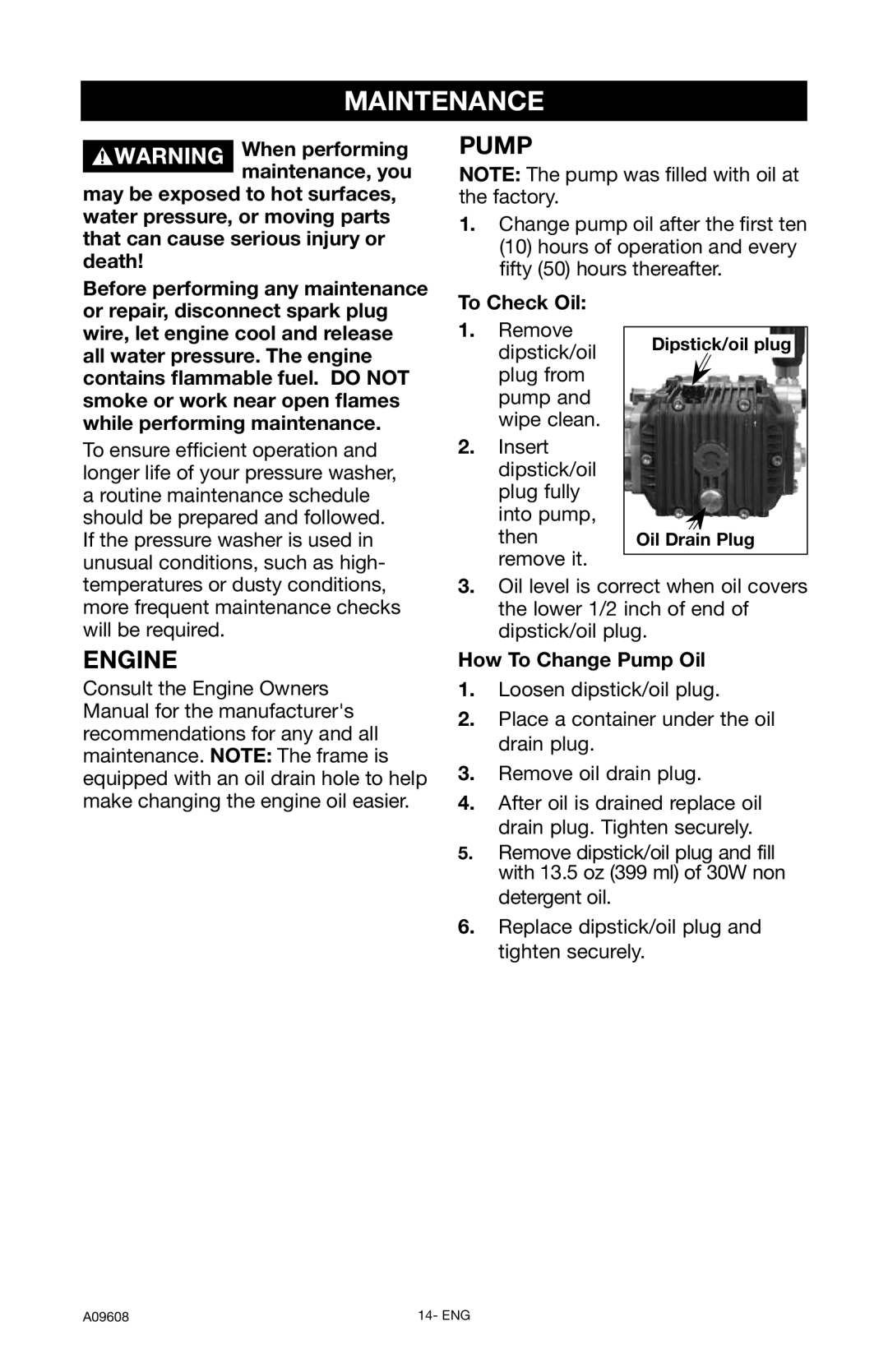 Porter-Cable A09608-0412-0, PCH3200 instruction manual Maintenance, Engine, To Check Oil, How To Change Pump Oil 