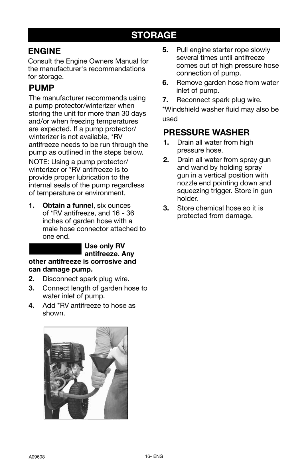 Porter-Cable A09608-0412-0, PCH3200 instruction manual Storage, Engine Pump, Pressure Washer 