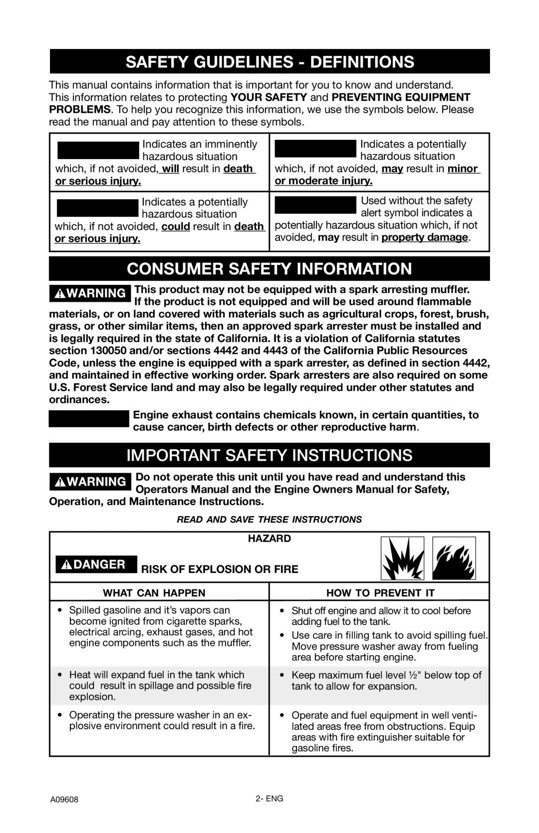 Porter-Cable A09608-0412-0, PCH3200 Safety Guidelines Definitions, Consumer Safety Information, Risk of Explosion or Fire 