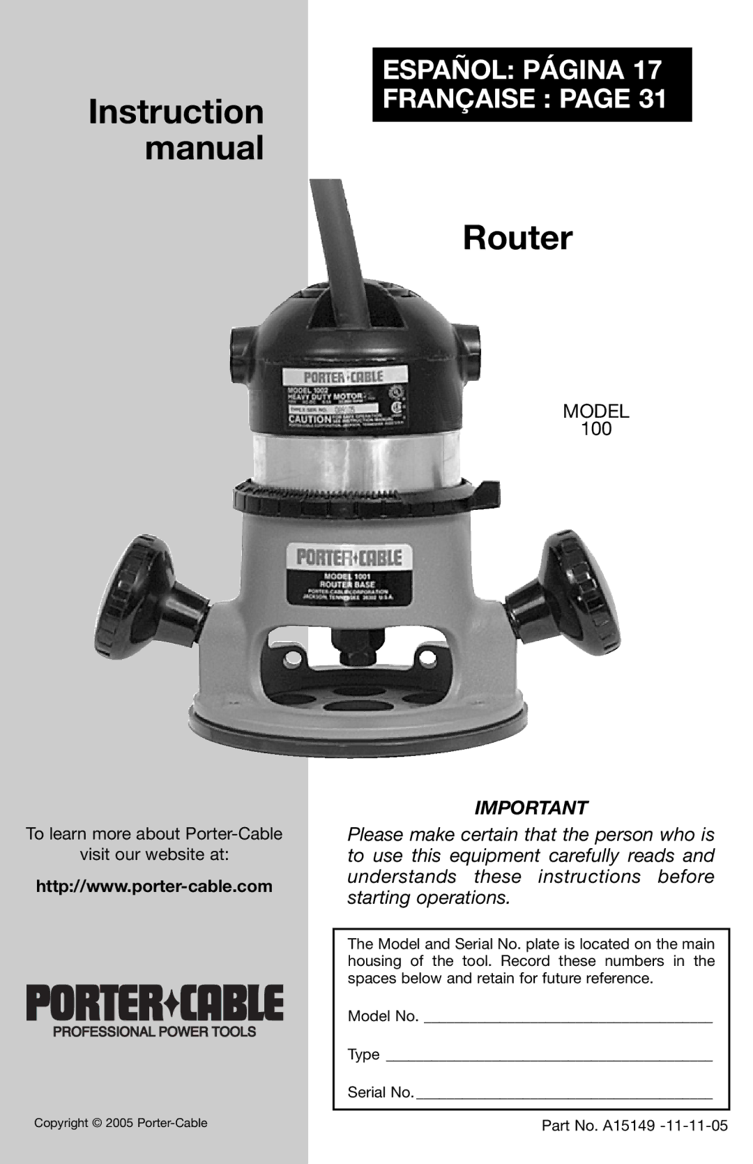 Porter-Cable A15149 instruction manual Router 