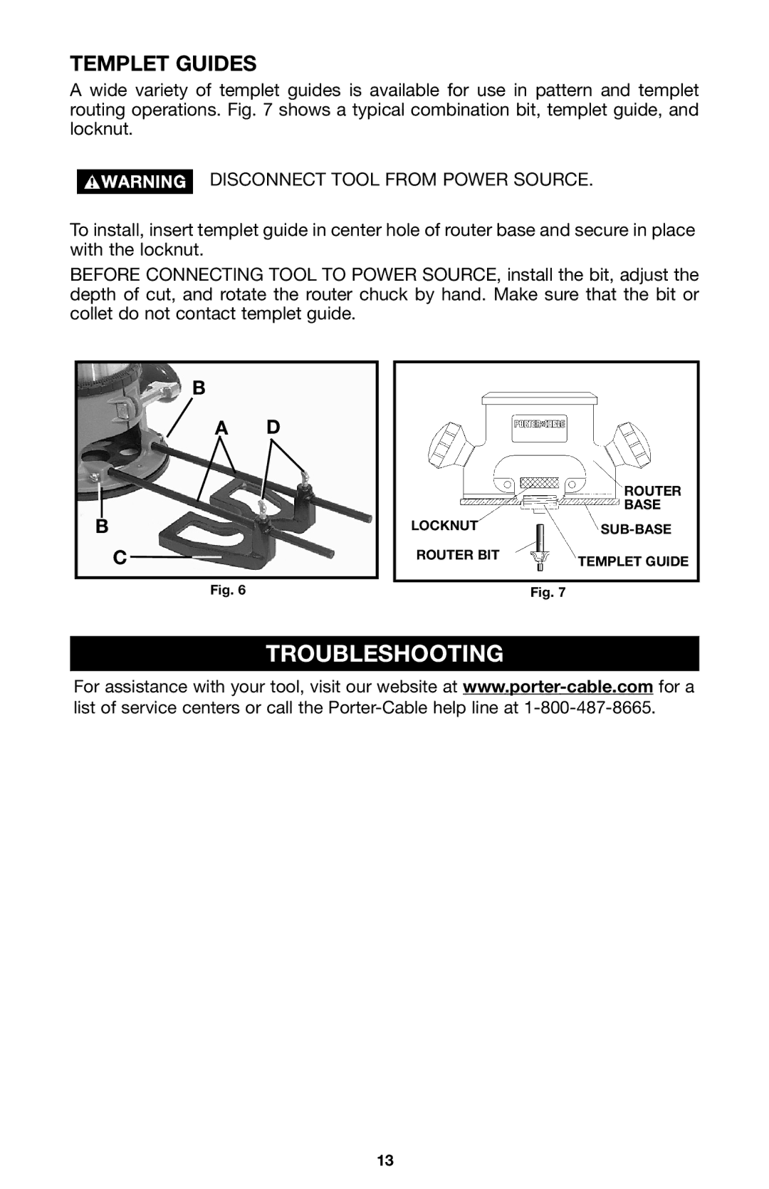 Porter-Cable A15149 instruction manual Troubleshooting, Templet Guides 