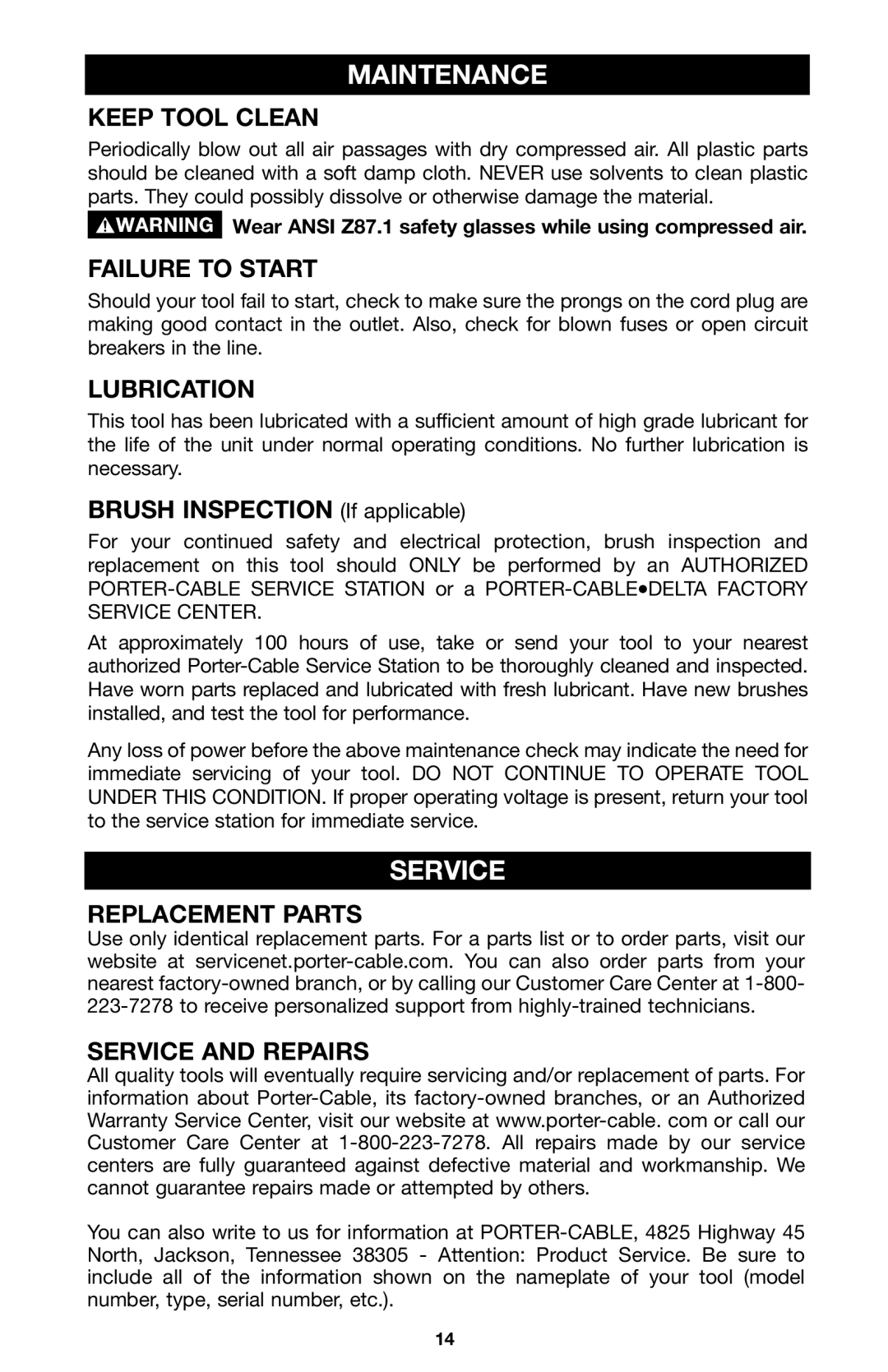 Porter-Cable A15149 instruction manual Maintenance, Service 