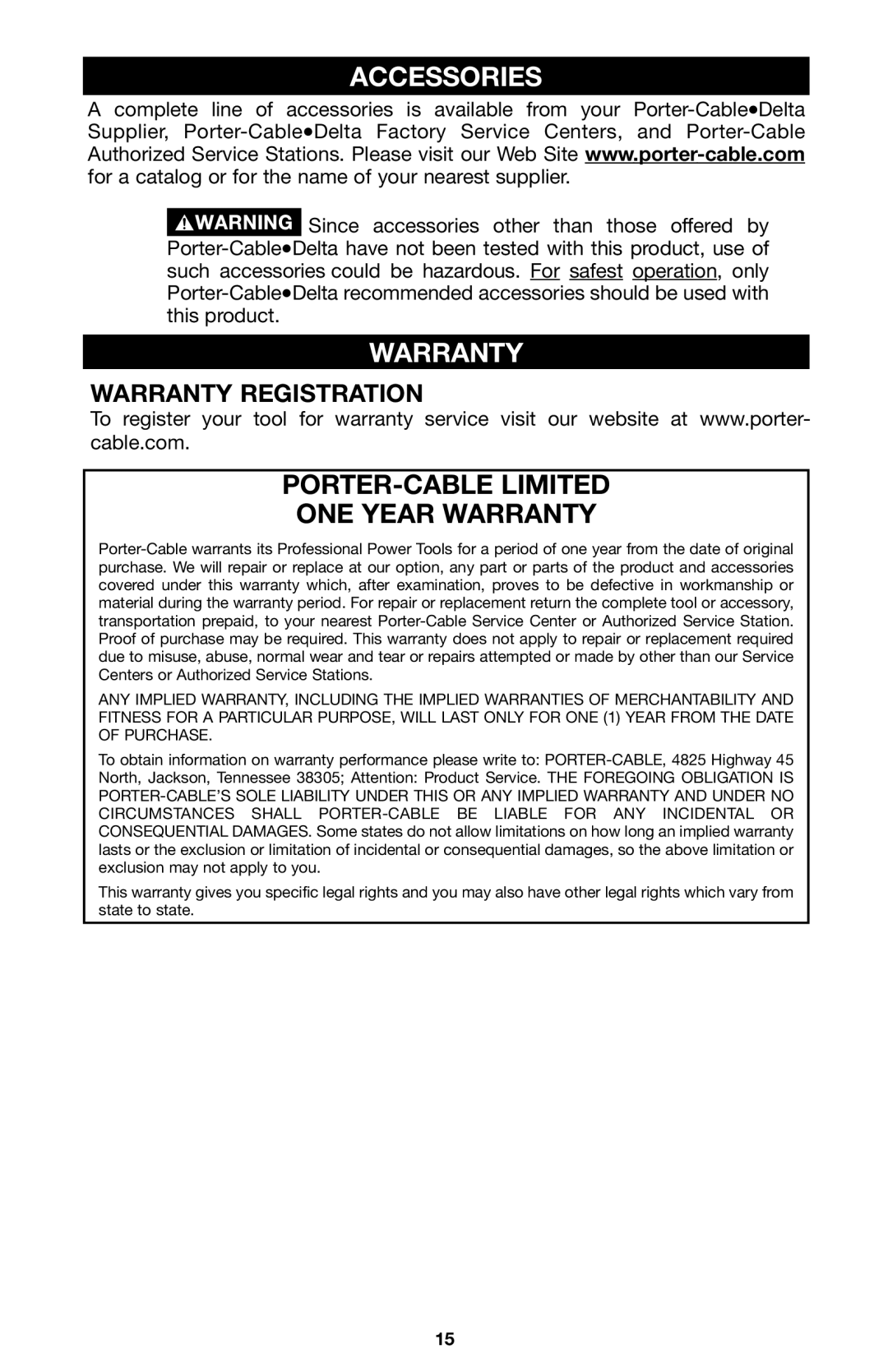 Porter-Cable A15149 instruction manual Accessories, Warranty Registration 