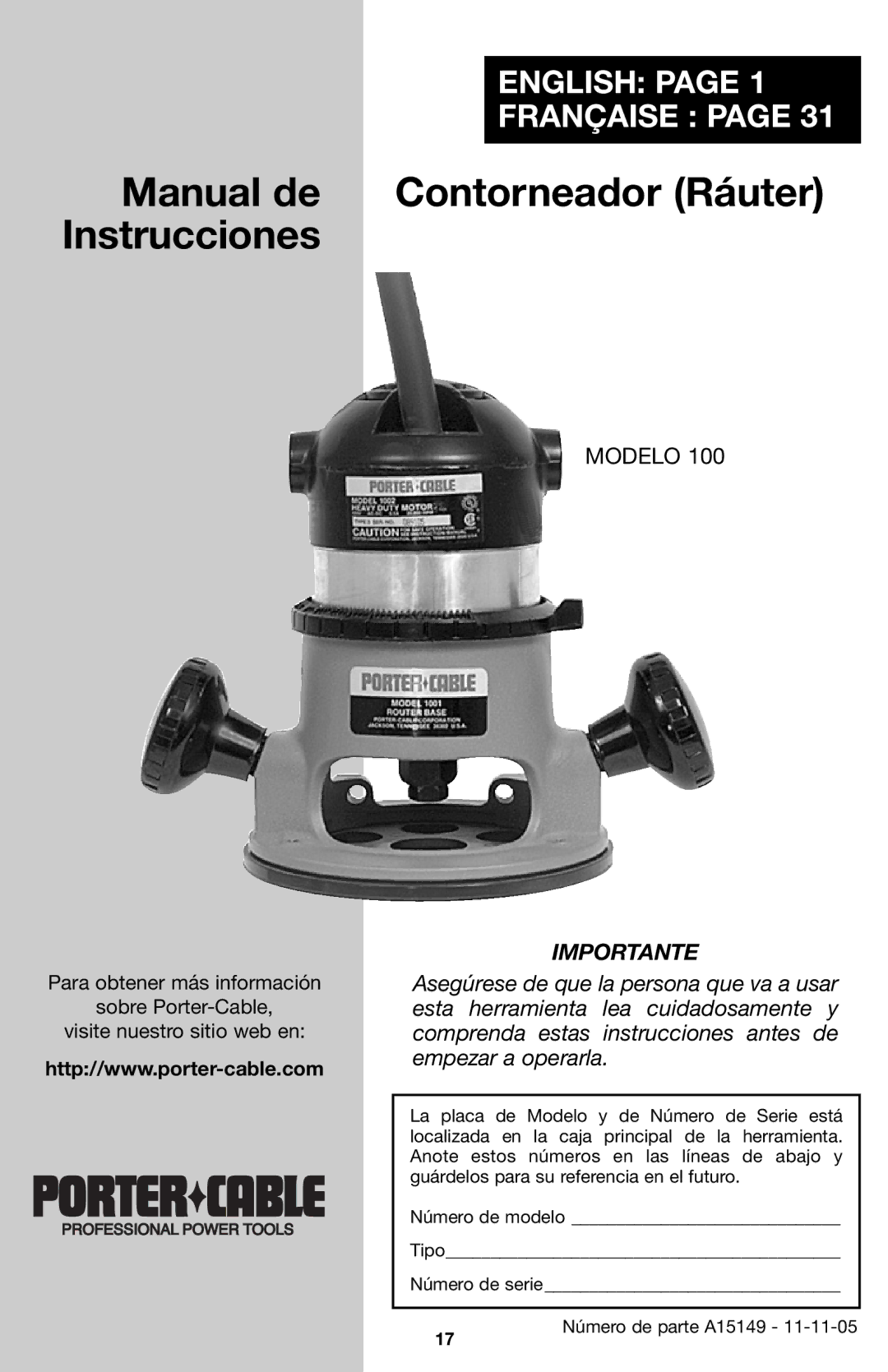 Porter-Cable A15149 instruction manual Manual de Contorneador Ráuter Instrucciones 