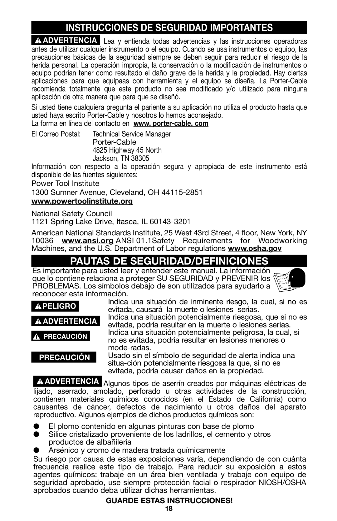 Porter-Cable A15149 instruction manual Instrucciones DE Seguridad Importantes, Pautas DE SEGURIDAD/DEFINICIONES 