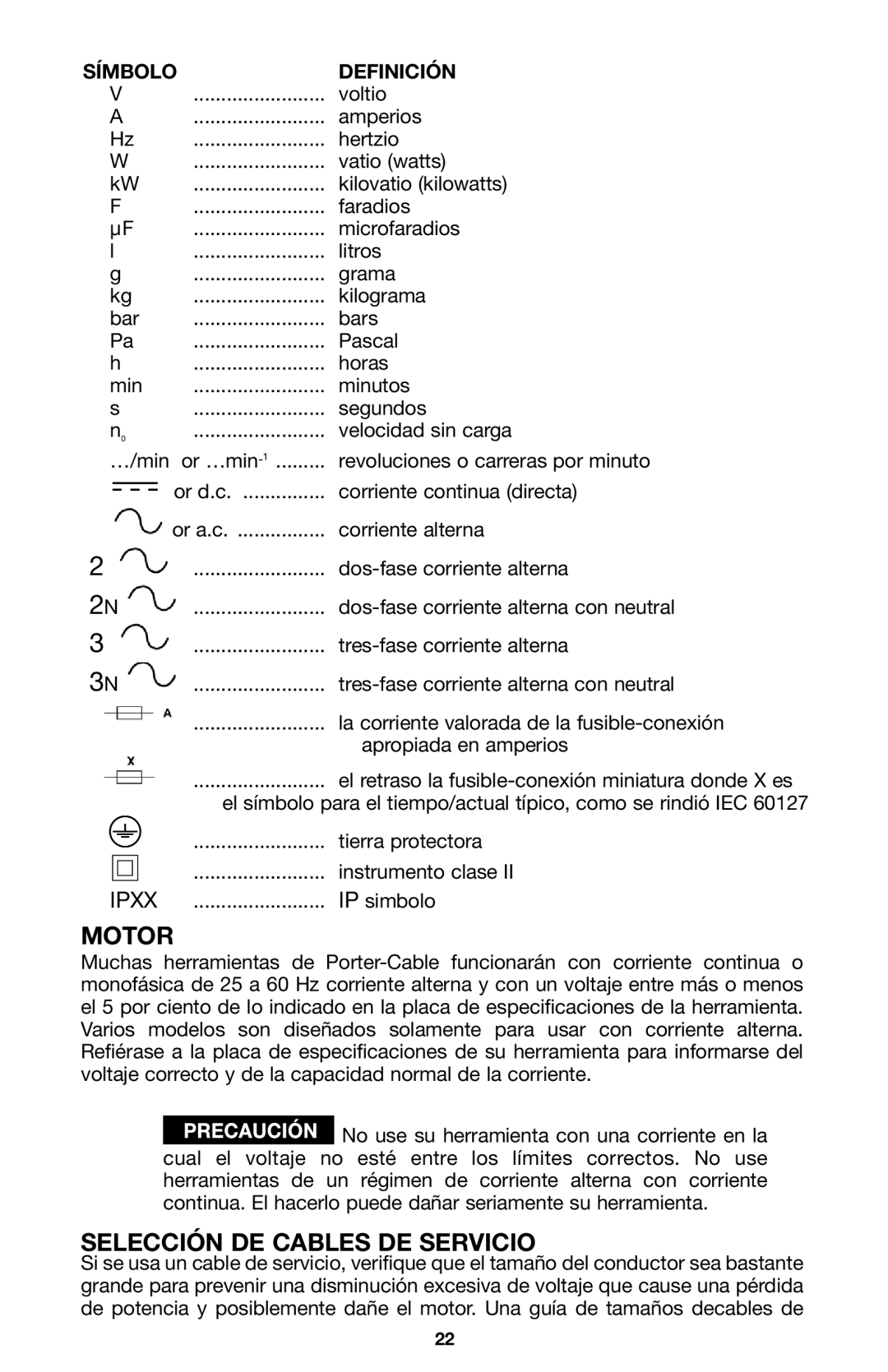 Porter-Cable A15149 instruction manual Selección DE Cables DE Servicio, Símbolo Definición 