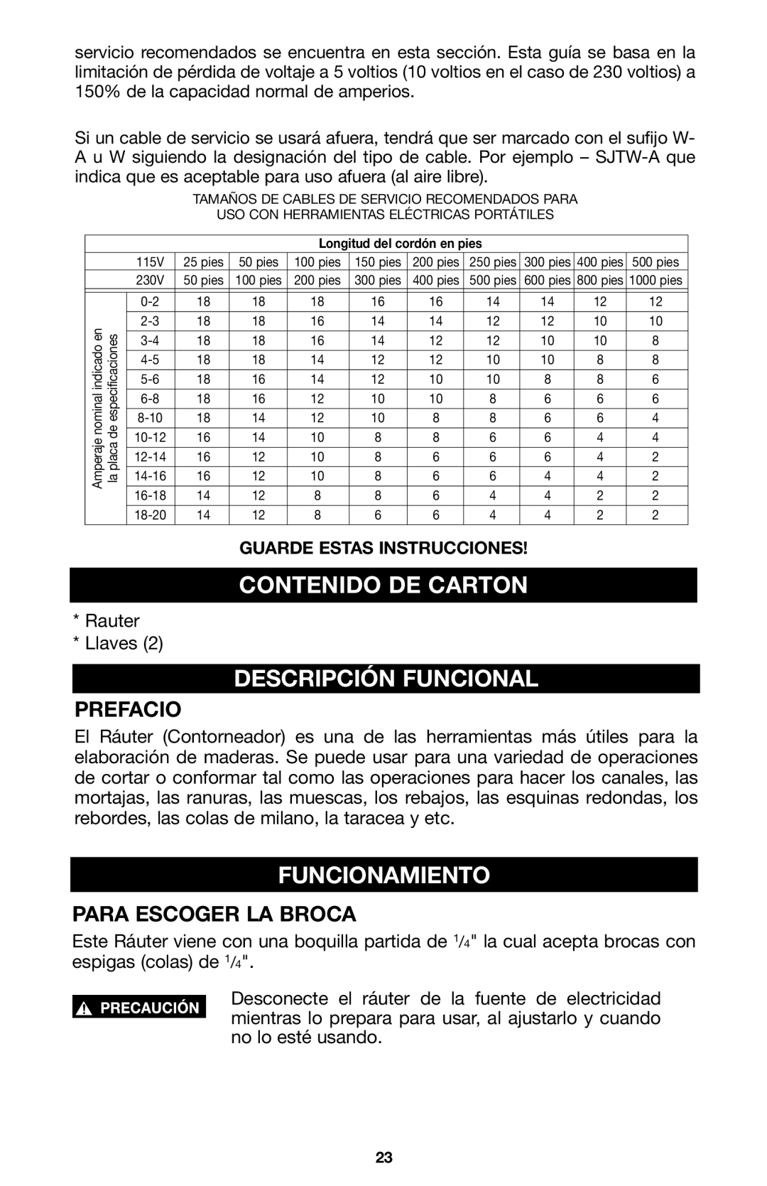 Porter-Cable A15149 Contenido DE Carton, Descripción Funcional, Funcionamiento, Prefacio, Para Escoger LA Broca 