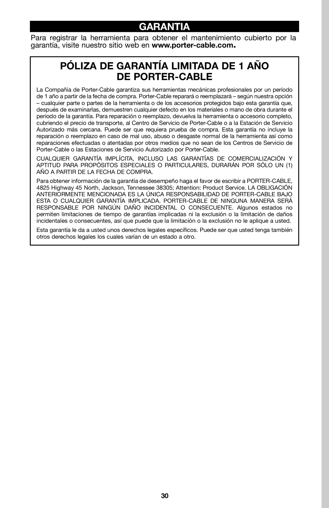 Porter-Cable A15149 instruction manual Garantia, Póliza DE Garantía Limitada DE 1 AÑO DE PORTER-CABLE 