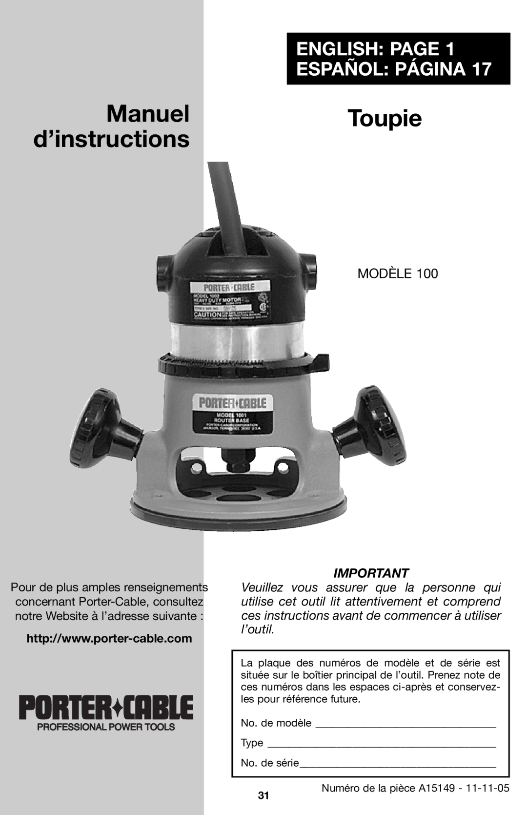 Porter-Cable A15149 instruction manual ManuelToupie d’instructions 