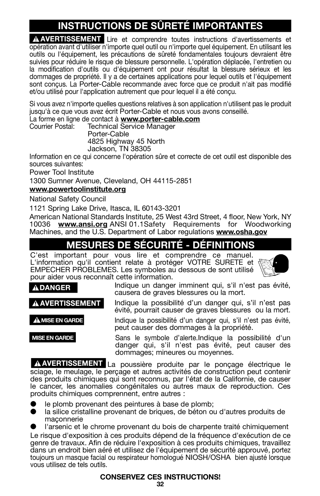 Porter-Cable A15149 instruction manual Instructions DE Sûreté Importantes, Mesures DE Sécurité Définitions 