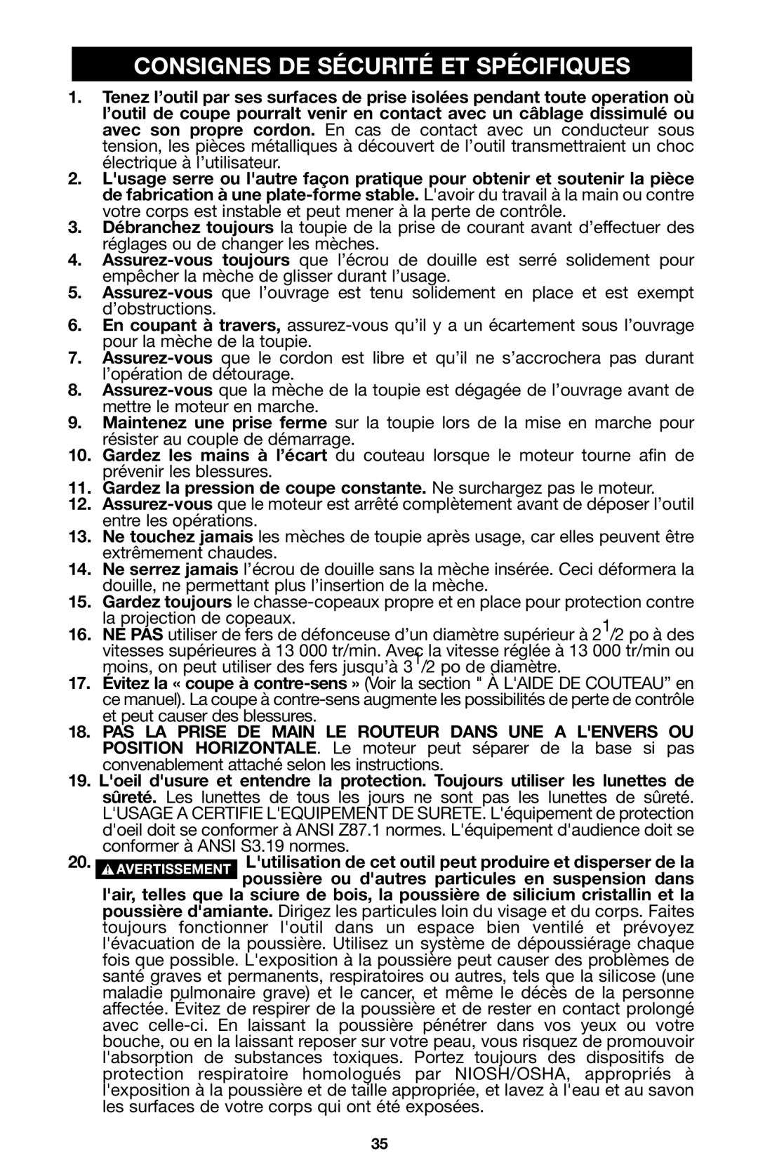 Porter-Cable A15149 instruction manual Consignes DE Sécurité ET Spécifiques 