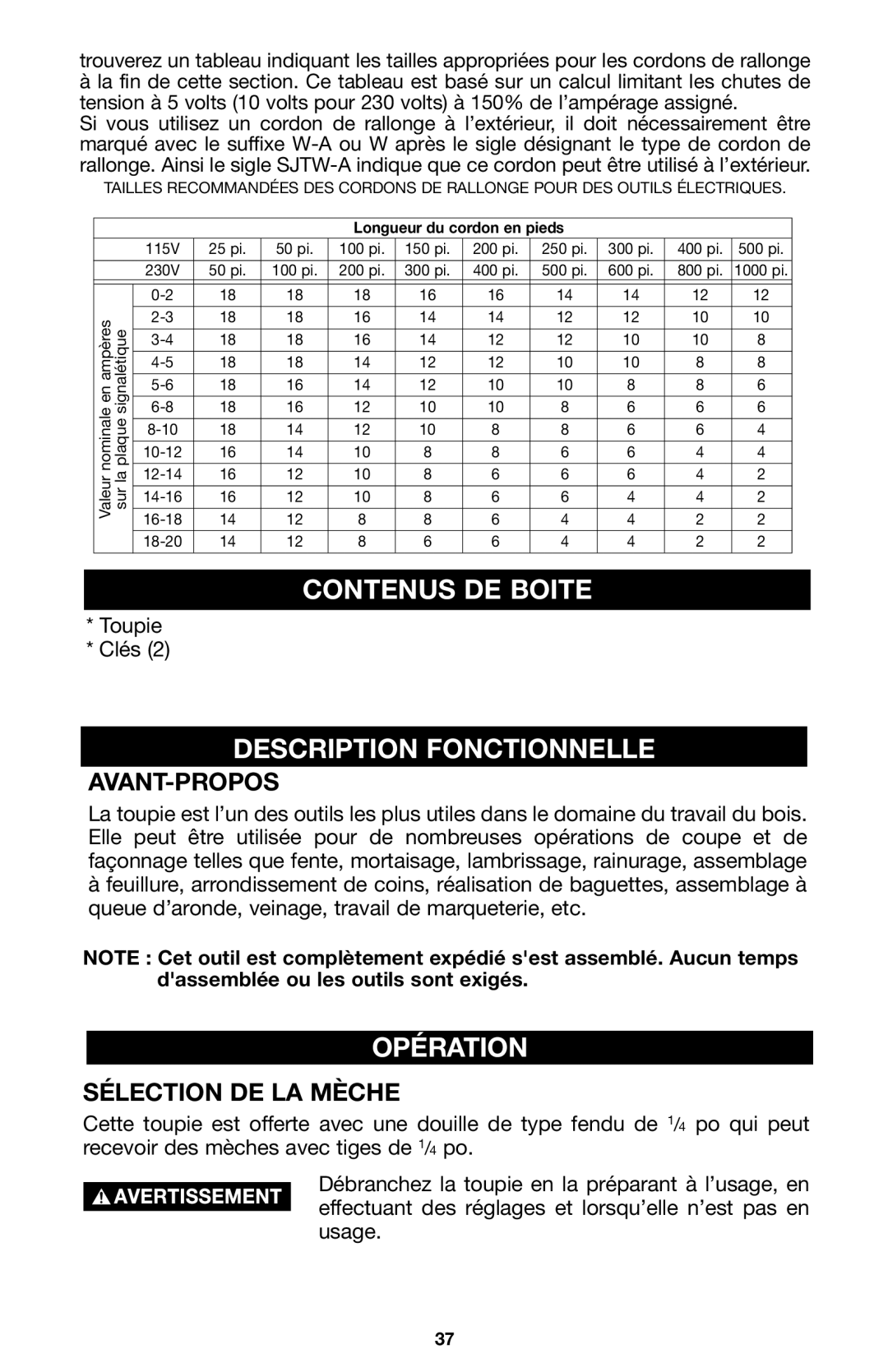 Porter-Cable A15149 Contenus DE Boite, Description Fonctionnelle, Opération, Avant-Propos, Sélection DE LA Mèche 