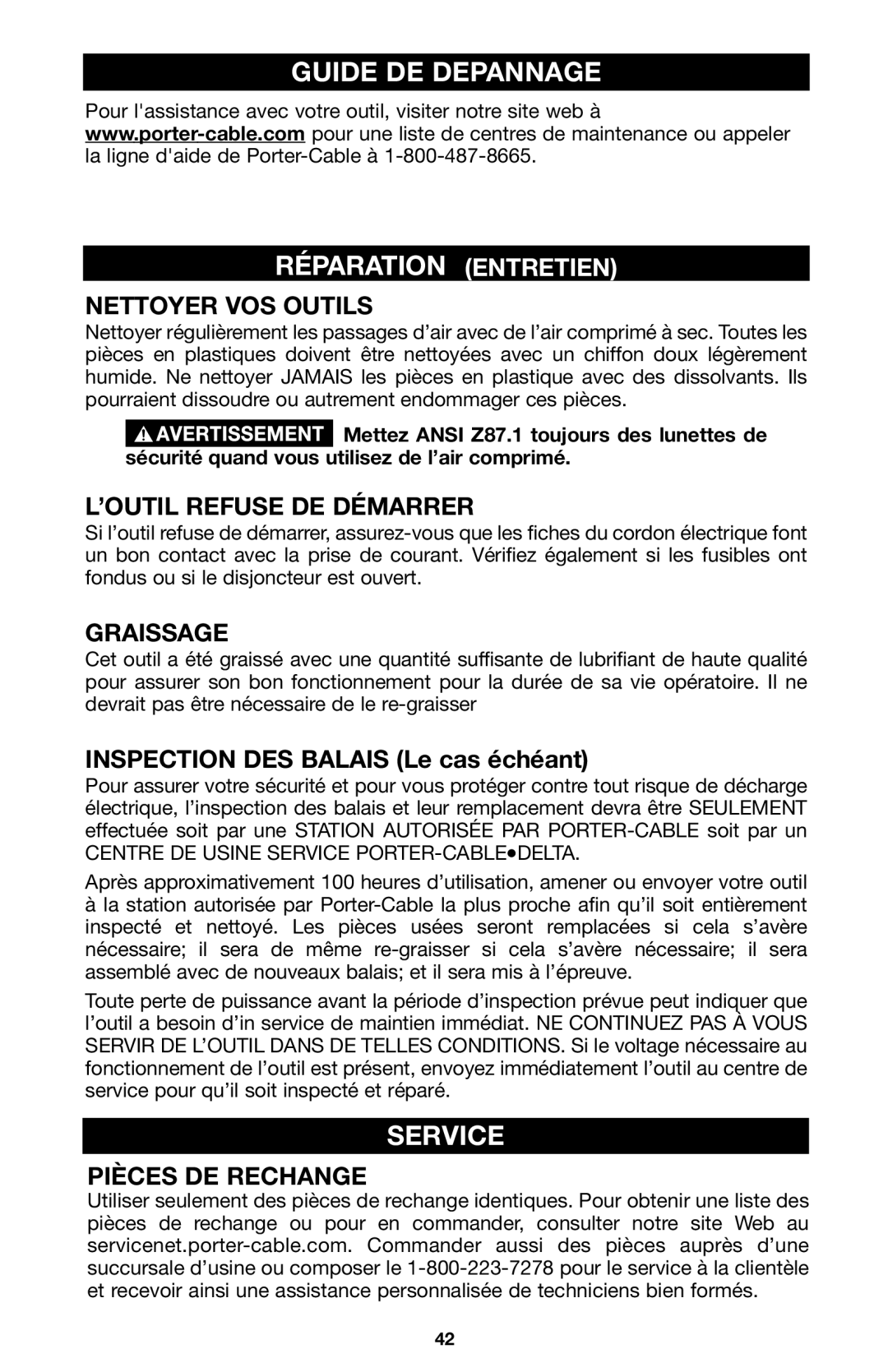 Porter-Cable A15149 Guide DE Depannage Réparation Entretien, Nettoyer VOS Outils, ’OUTIL Refuse DE Démarrer, Graissage 