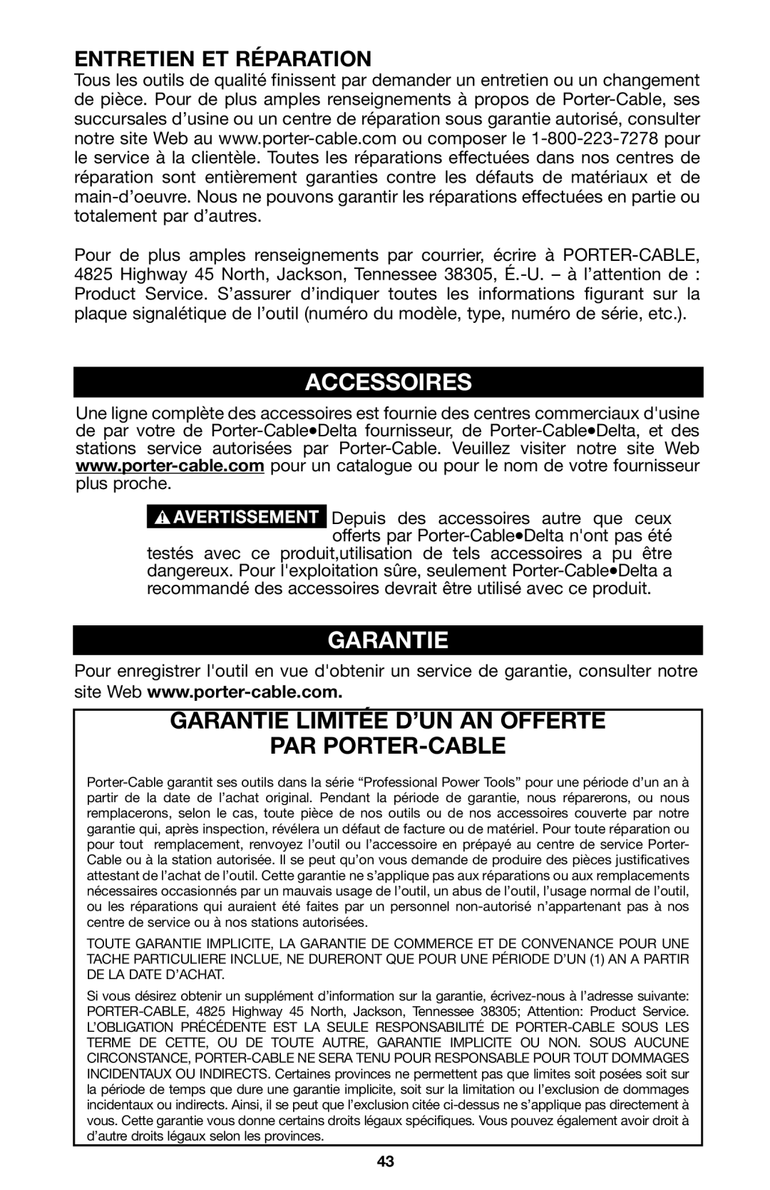 Porter-Cable A15149 instruction manual Accessoires, Garantie, Entretien ET Réparation 