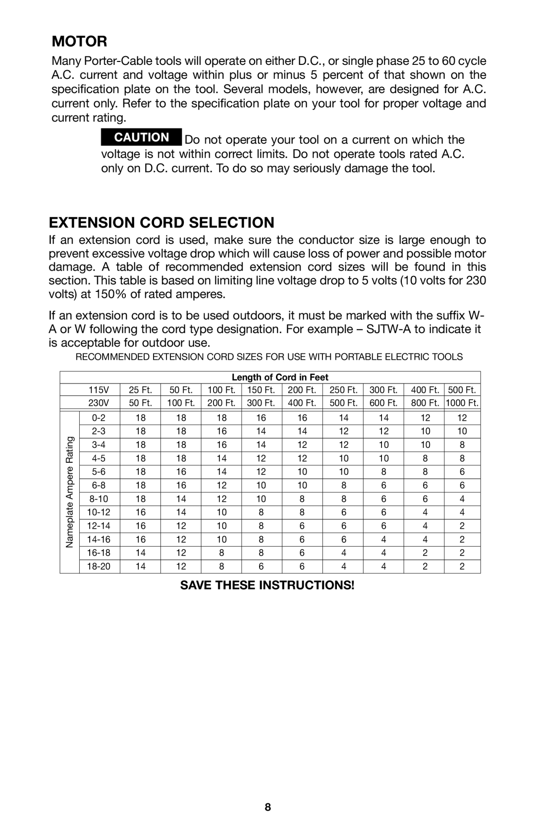 Porter-Cable A15149 instruction manual Motor, Extension Cord Selection 