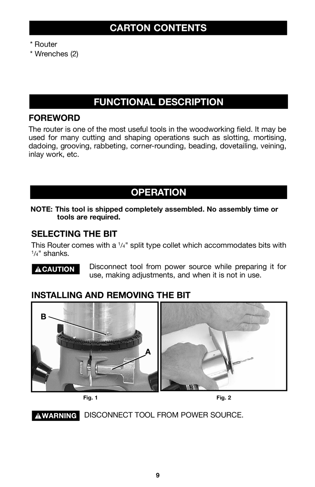 Porter-Cable A15149 instruction manual Carton Contents, Functional Description, Operation 