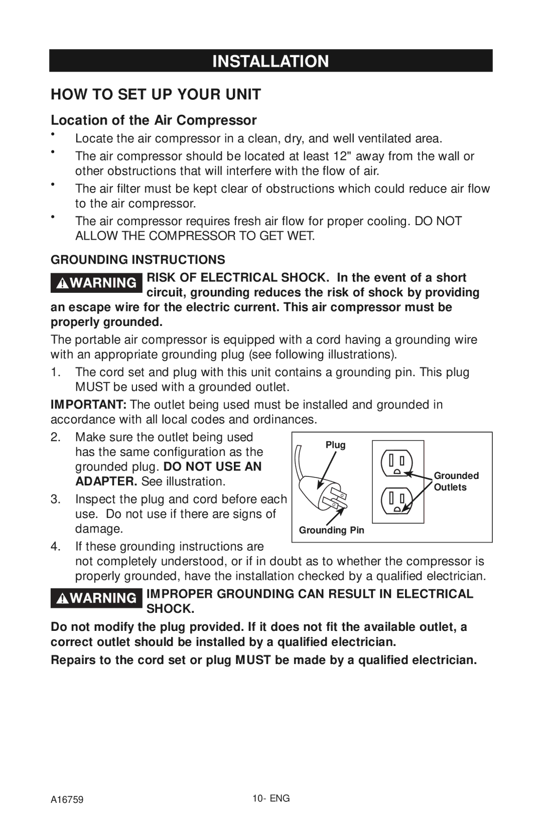 Porter-Cable A16759 instruction manual Installation, Location of the Air Compressor 