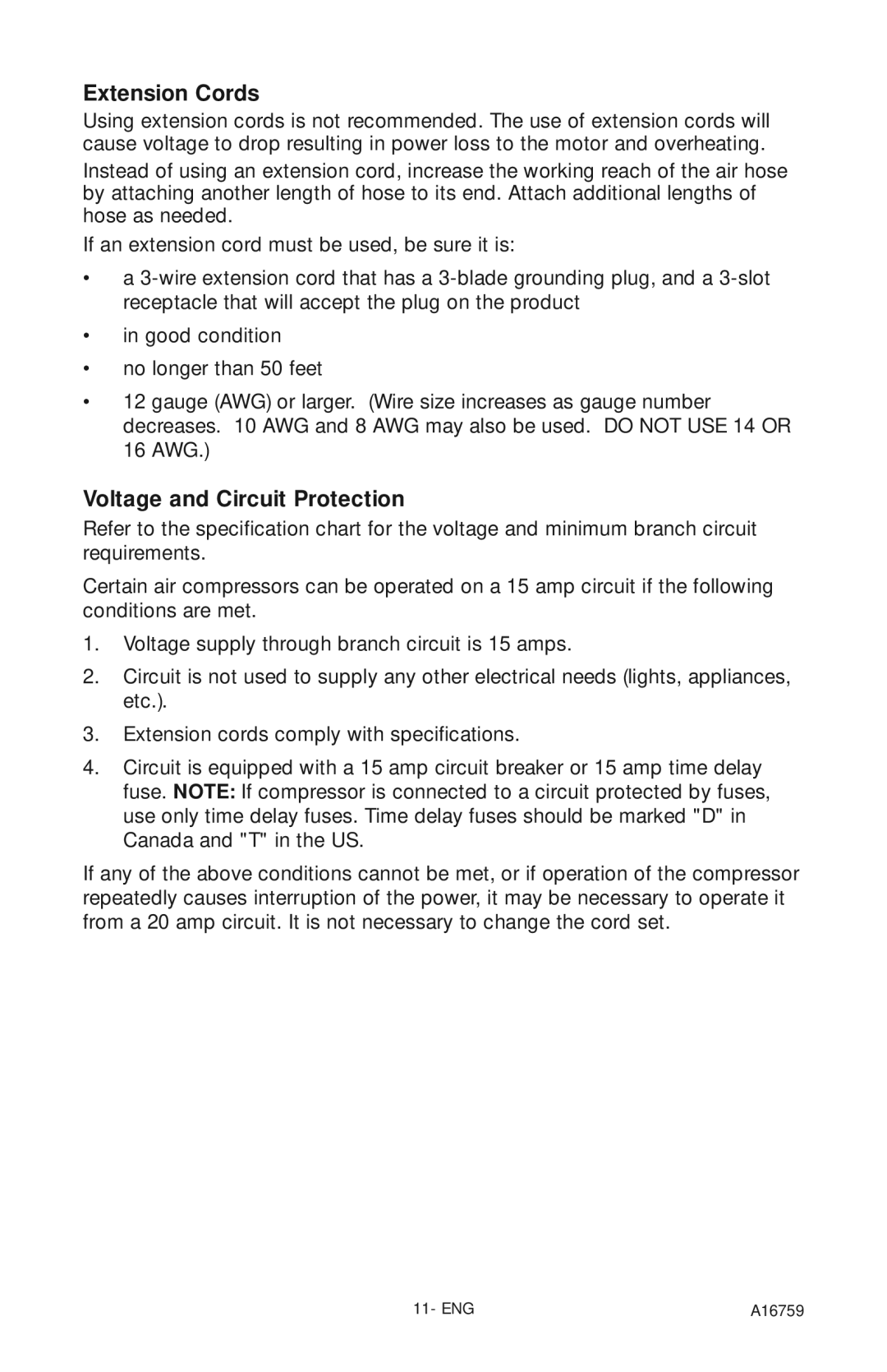 Porter-Cable A16759 instruction manual Extension Cords, Voltage and Circuit Protection 