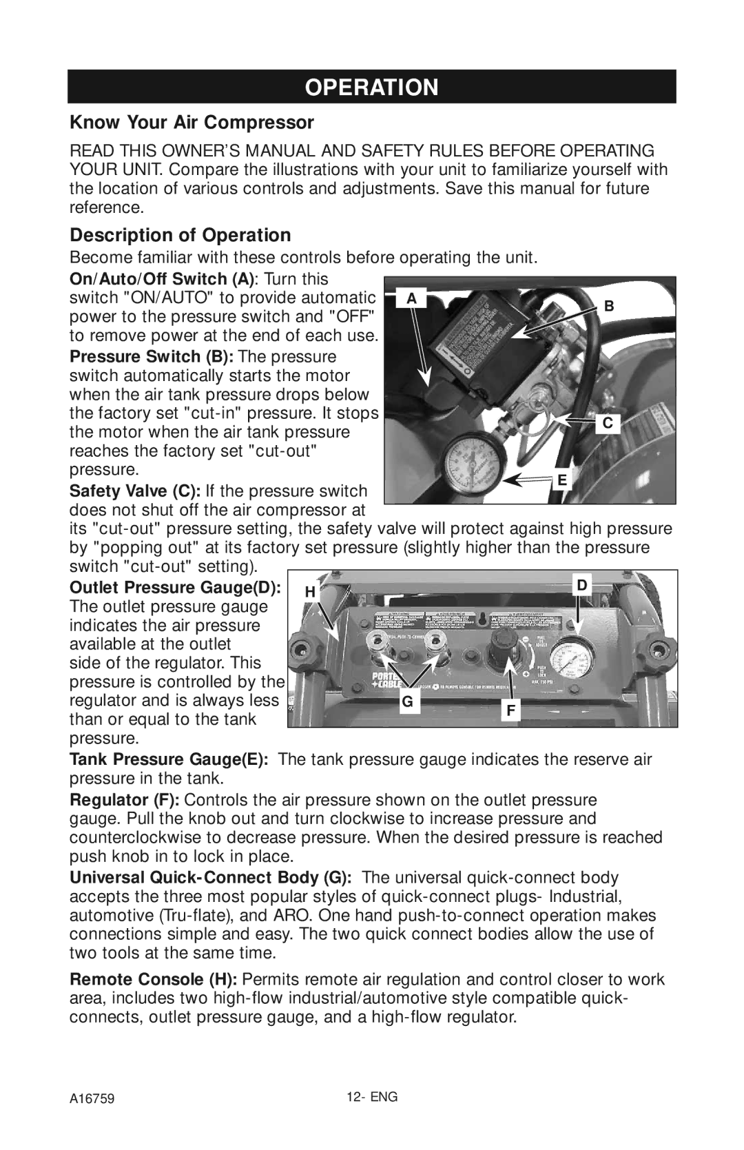 Porter-Cable A16759 Know Your Air Compressor Description of Operation, On/Auto/Off Switch a Turn this 