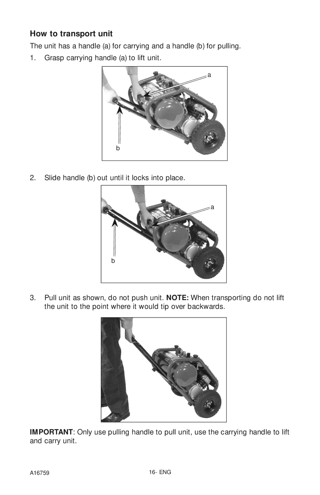 Porter-Cable A16759 instruction manual How to transport unit 