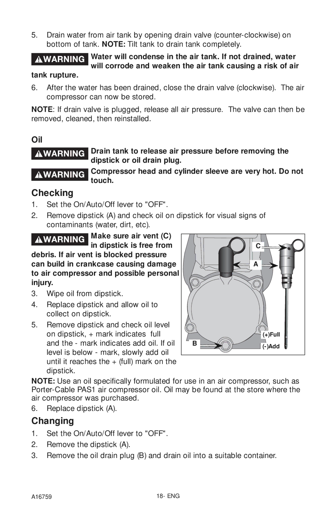 Porter-Cable A16759 instruction manual Checking, Oil 