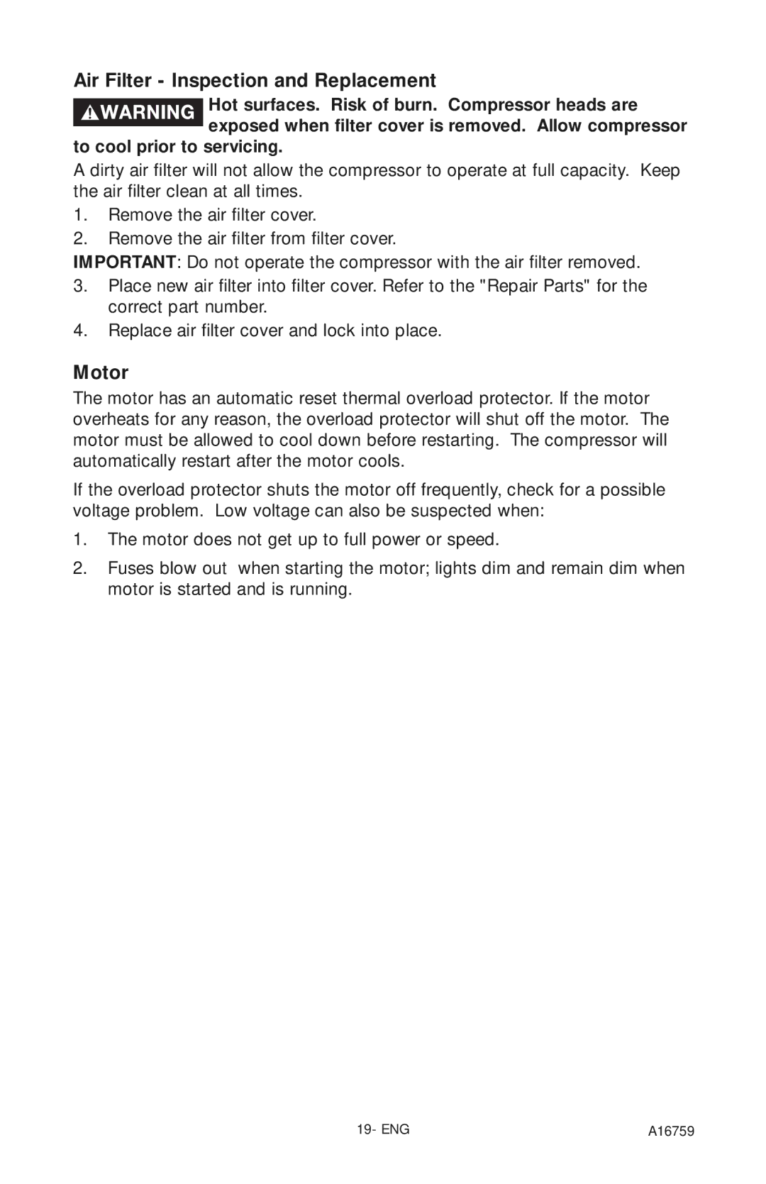 Porter-Cable A16759 instruction manual Air Filter Inspection and Replacement, Motor 